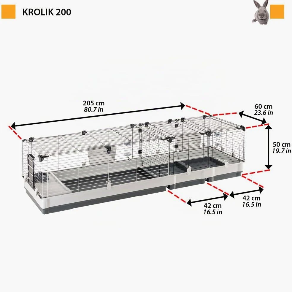 FERPLAST - Gabbia per porcellini d'India - Gabbia per conigli - Gabbia e accessori inclusi - Apribile e componibile 205 x 60 x h 50 CM - Krolik, 200