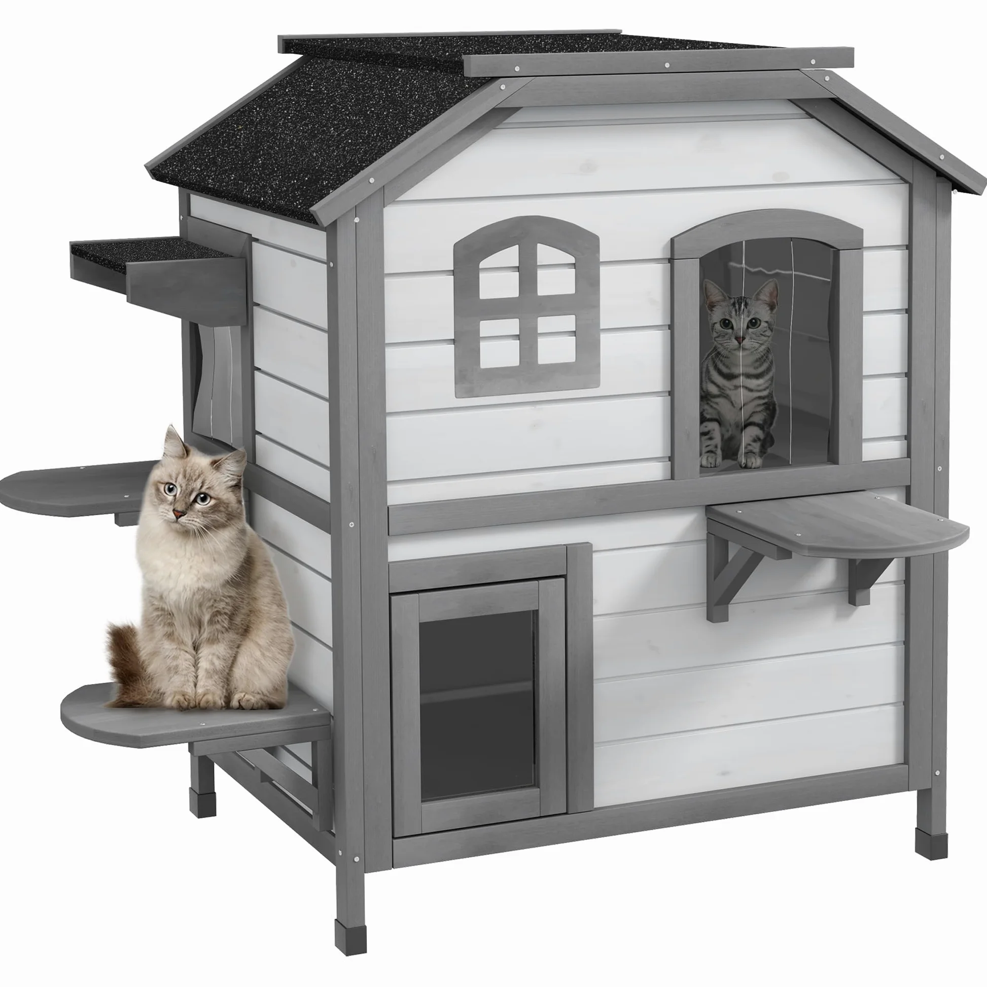 PawHut Casetta per Gatti Con Tetto in Asfalto, da Esterno Con Scale, Villa a 2 Piani, Impermeabile, da Giardino, in Legno di Abete, Bianco, 78 x 55,5 x 91 cm