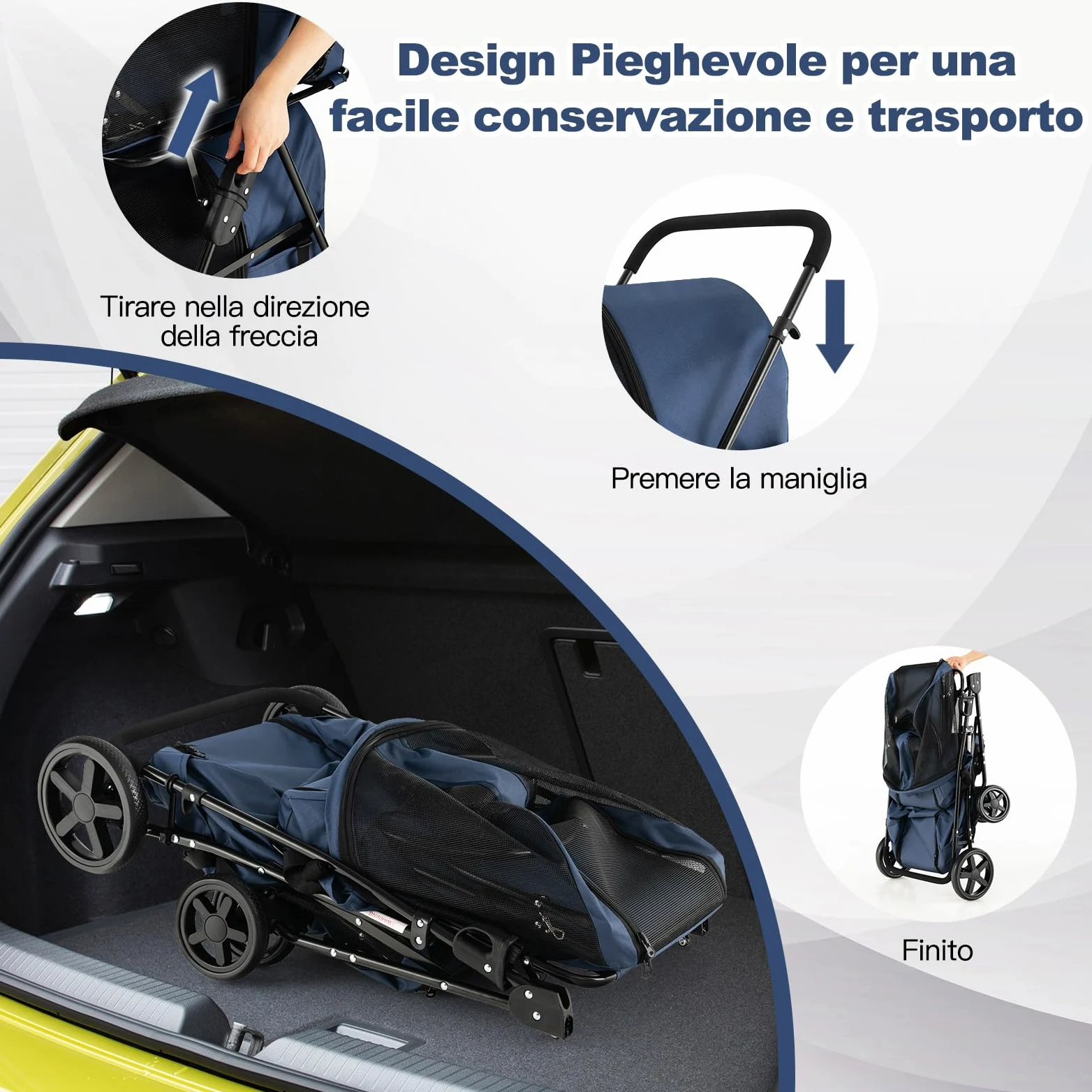 COSTWAY Passeggino per Cani Pieghevole, Carrozzina per Cani Multifunzionale 4 in 1 a Doppio Livello, Passeggino Smontabile con Ruote, Ideale per Passeggiata Viaggio e Shopping (Blu)