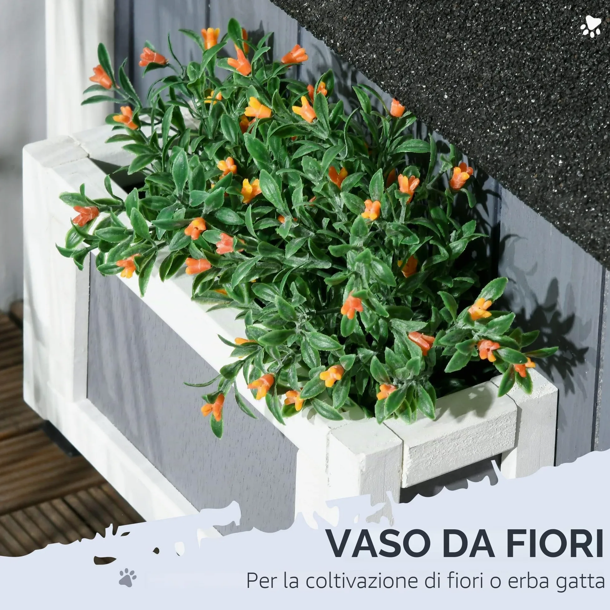 PawHut Casetta per Gatti in Legno di Abete - Rifugio a 2 Piani Con Diversi Ingressi, Grotta All'aperto, Tetto in Asfalto, Fioriera - Resistente All'inverno