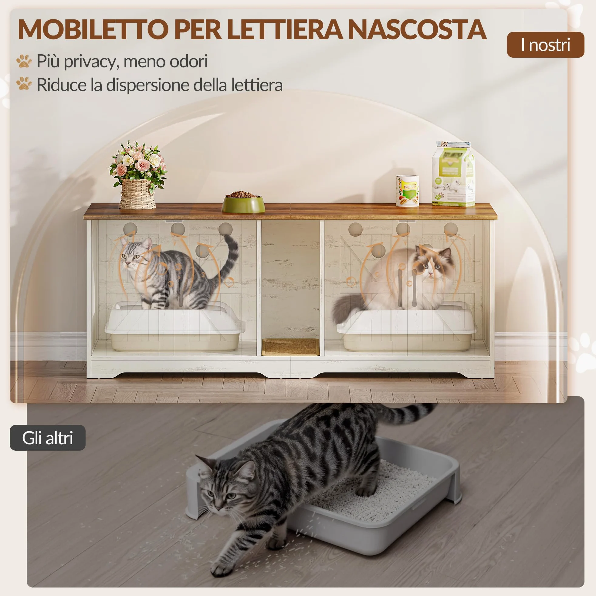 Mobile Lettiera per Gatti per 2 Gatti, Mobiletto per Lettiera Nascosta, Cuccia per Gatto da Interno, Legno Tavolino Laterale con Tappetino Graffiante, 140 x 50 x 55 cm, Marrone e Bianco