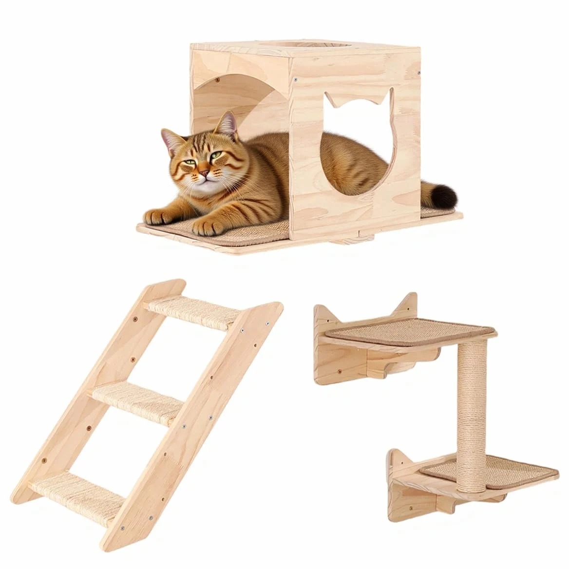 Set di mensole da parete per gatti, con casa, tiragraffi in sisal, gradini per arrampicarsi, in legno massello, per interni, design salvaspazio