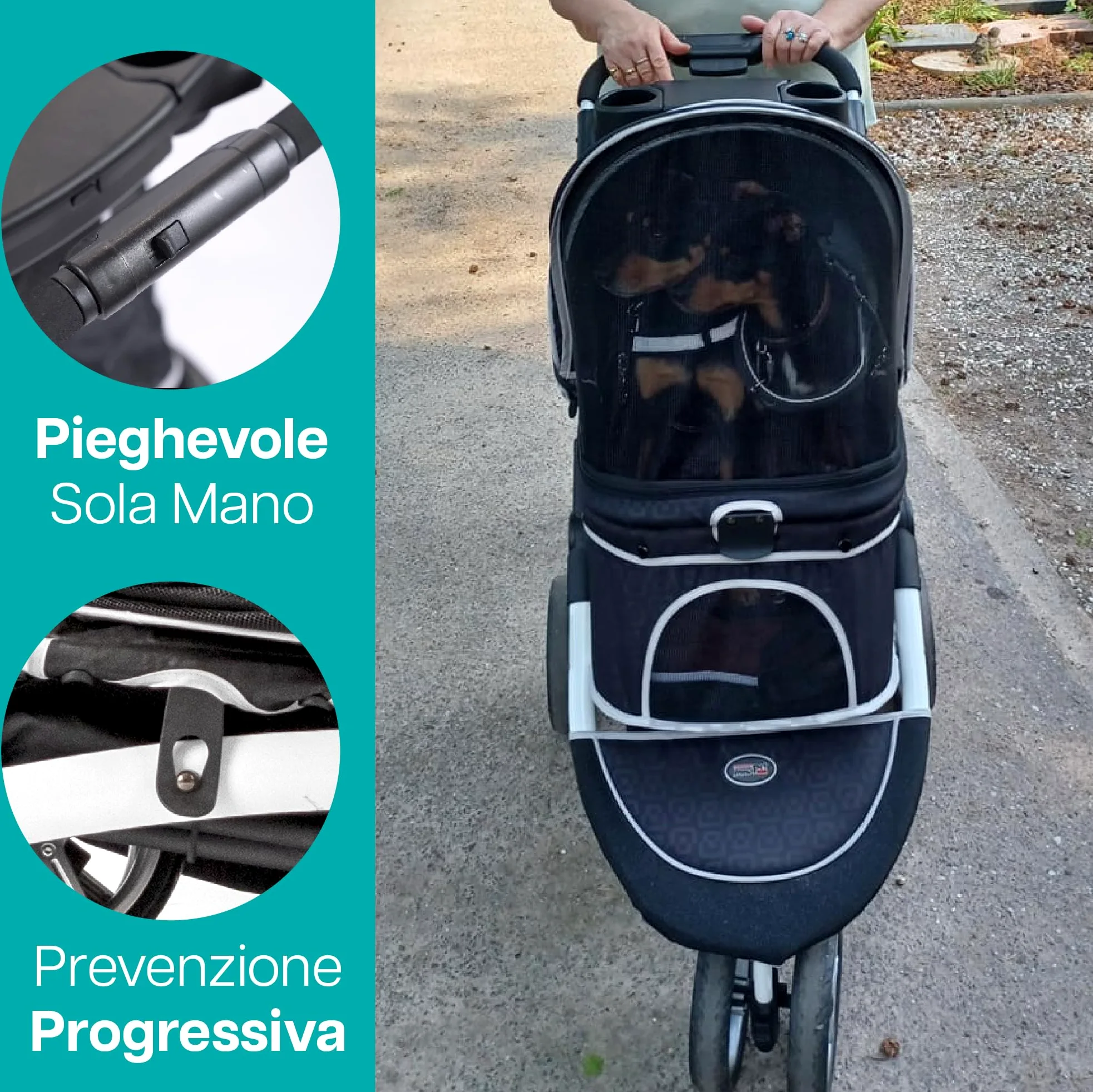 Innopet Monaco Passeggino per cani e gatti nero con copertura antipioggia, capacità 25 kg, pieghevole con una sola mano - Cestino portaoggetti convertibile - Cuscino double face