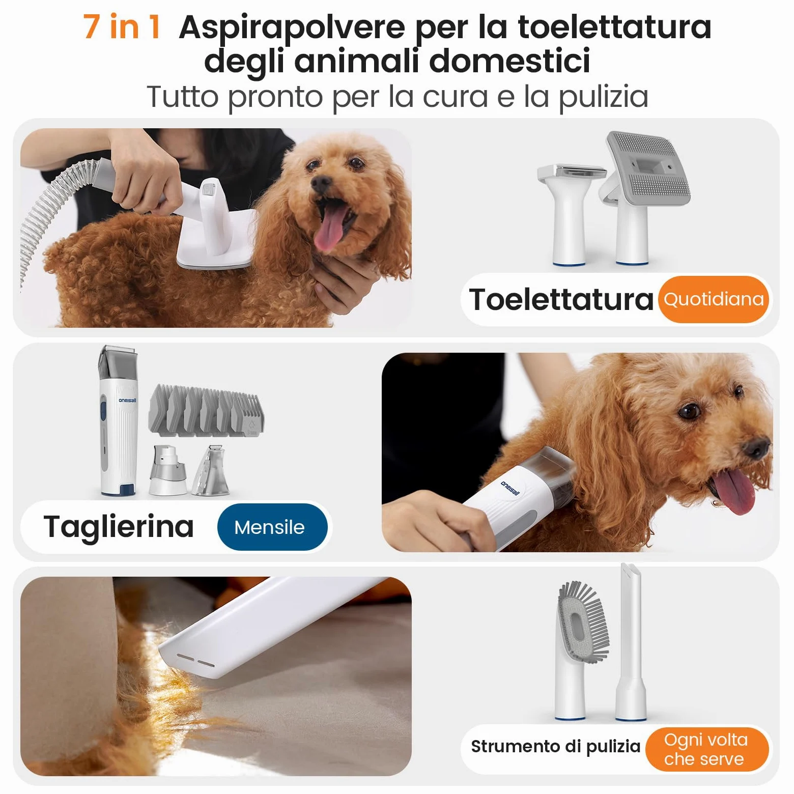 oneisall toelettatura e aspirazione a Vuoto per Animali Domestici, Tosatrice per Cani e Gatto Pelo Lungo Professionale, 7 Strumenti per la toelettatura Per la depilazione di cani e gatti (1,5L)
