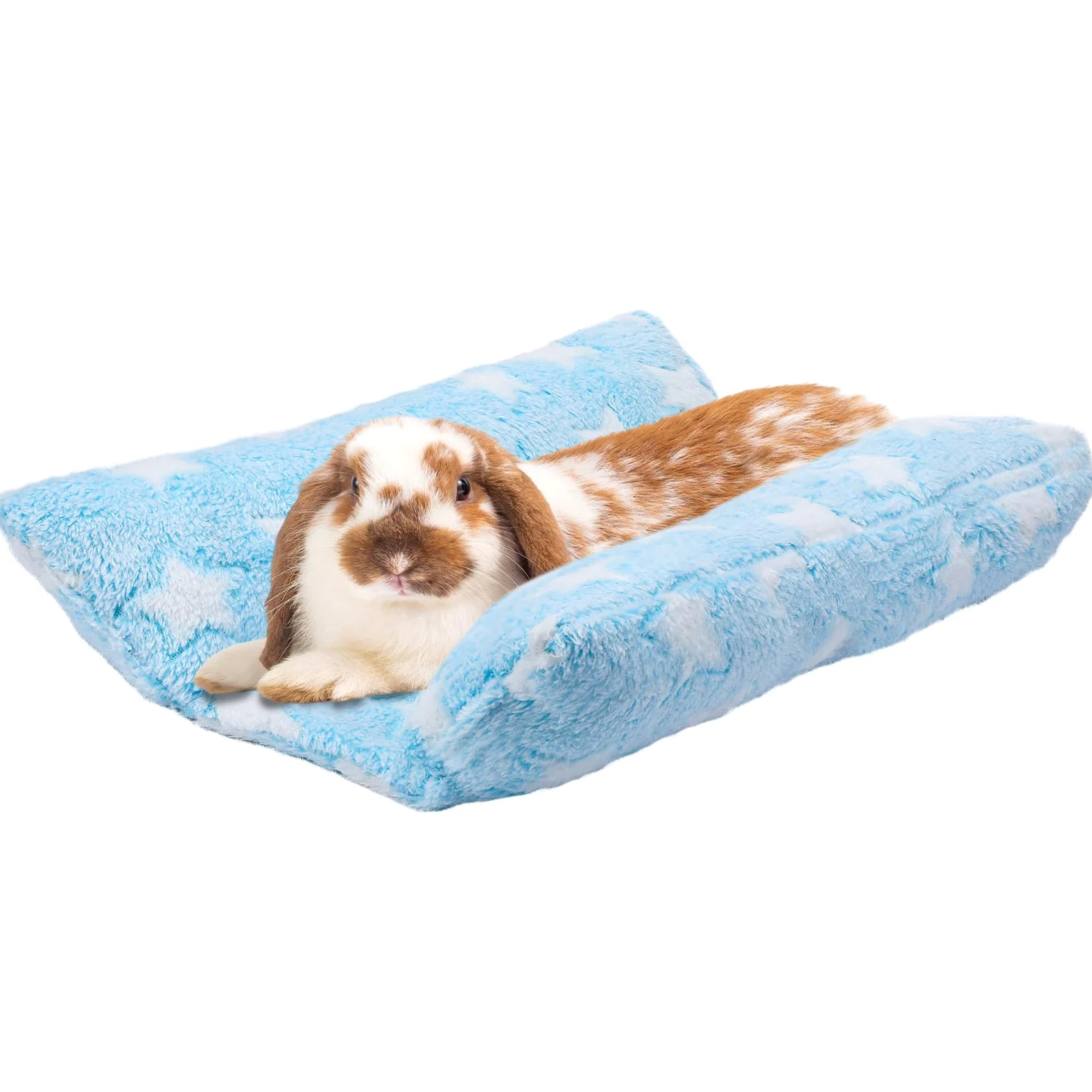 MEWTOGO Letto per coniglio, 30 x 35 cm, morbido letto concavo addensato, cuscino in peluche con cuscini in cotone per dormire in gabbia, idea regalo per coniglietti al coperto, celeste con stelle