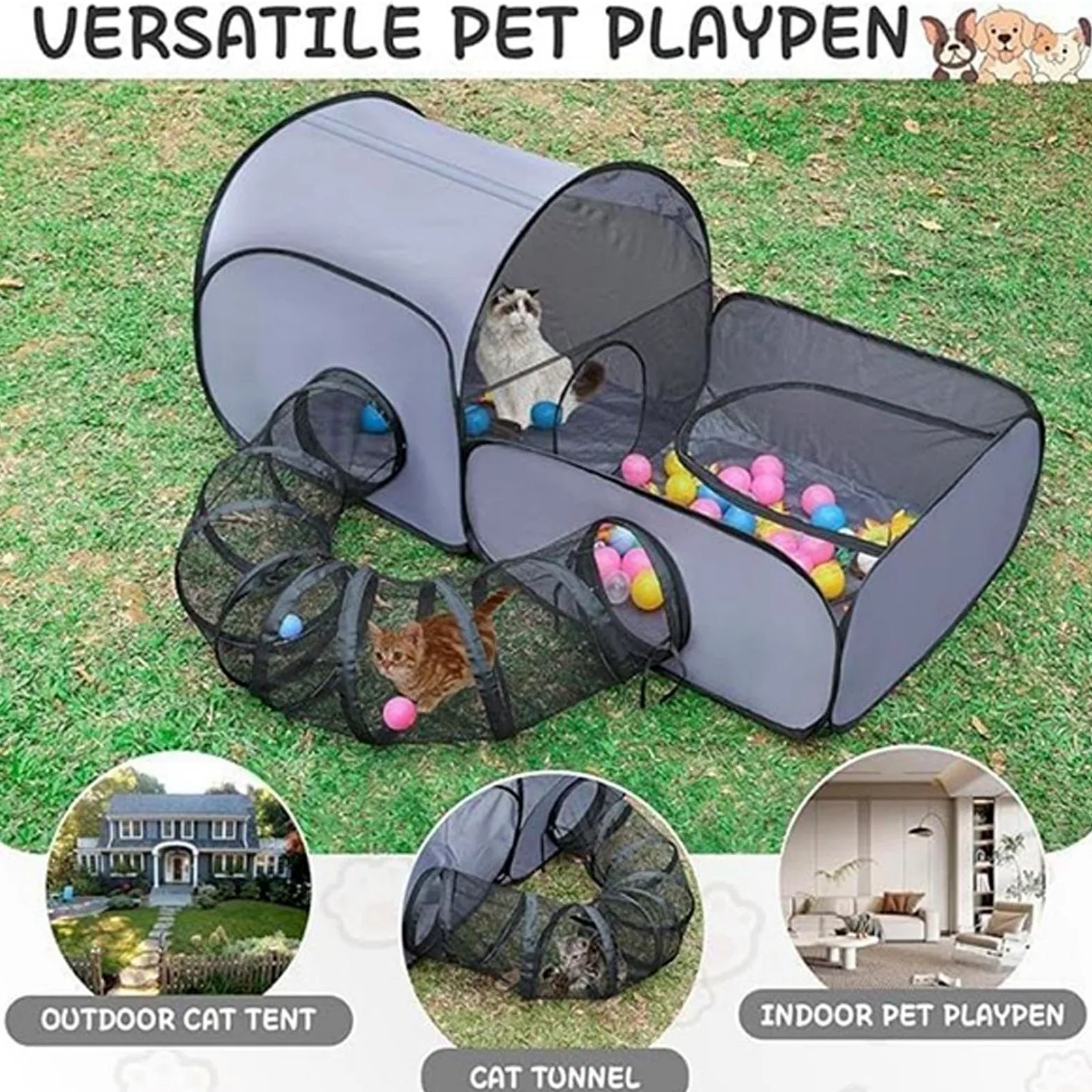 Box portatile per gatti, recinto pieghevole casa giocattoli interattivi, tunnel di recinzione per gatti, viaggi all'aperto giochi per gattini, cuccioli, piccoli animali