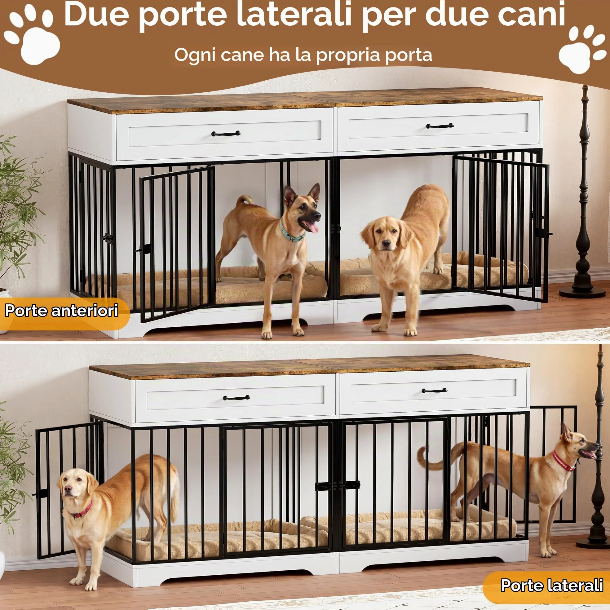 Gabbia per Cani Kennel, Casetta per Cani da Interno, 178CM Gabbietta per Animali in Legno e Metallo, XXL Cuccia Robusta per Dog con Divisorio & 2 Cassetti,Casetta per Animali,4 Porte,Fino a 100KG