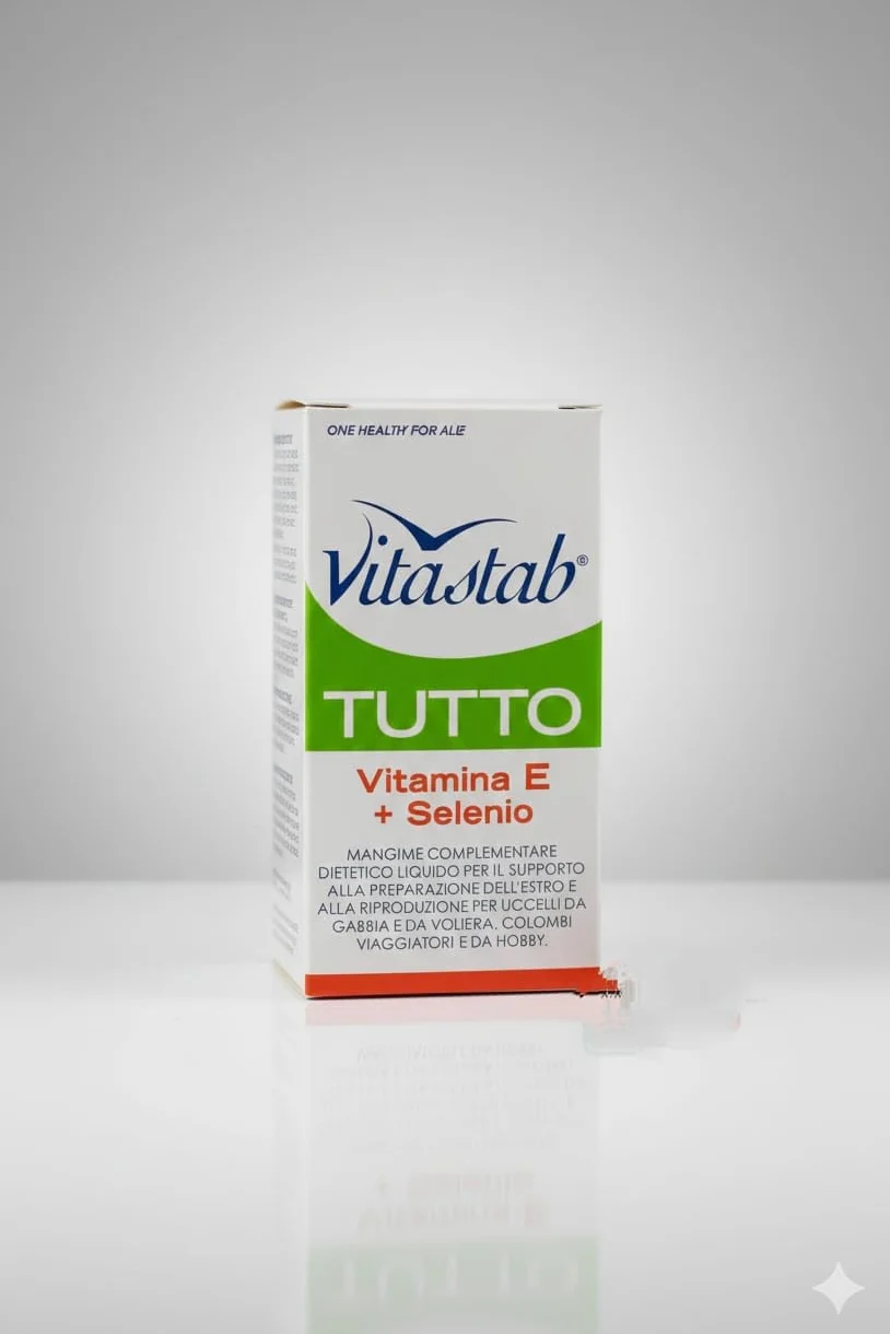 Vitastab TUTTO Vitamina E + Selenio, Integratore Liquido per Uccelli da Gabbia, Voliera e Colombi Viaggiatori, Supporto Preparazione Riproduzione, 100ml