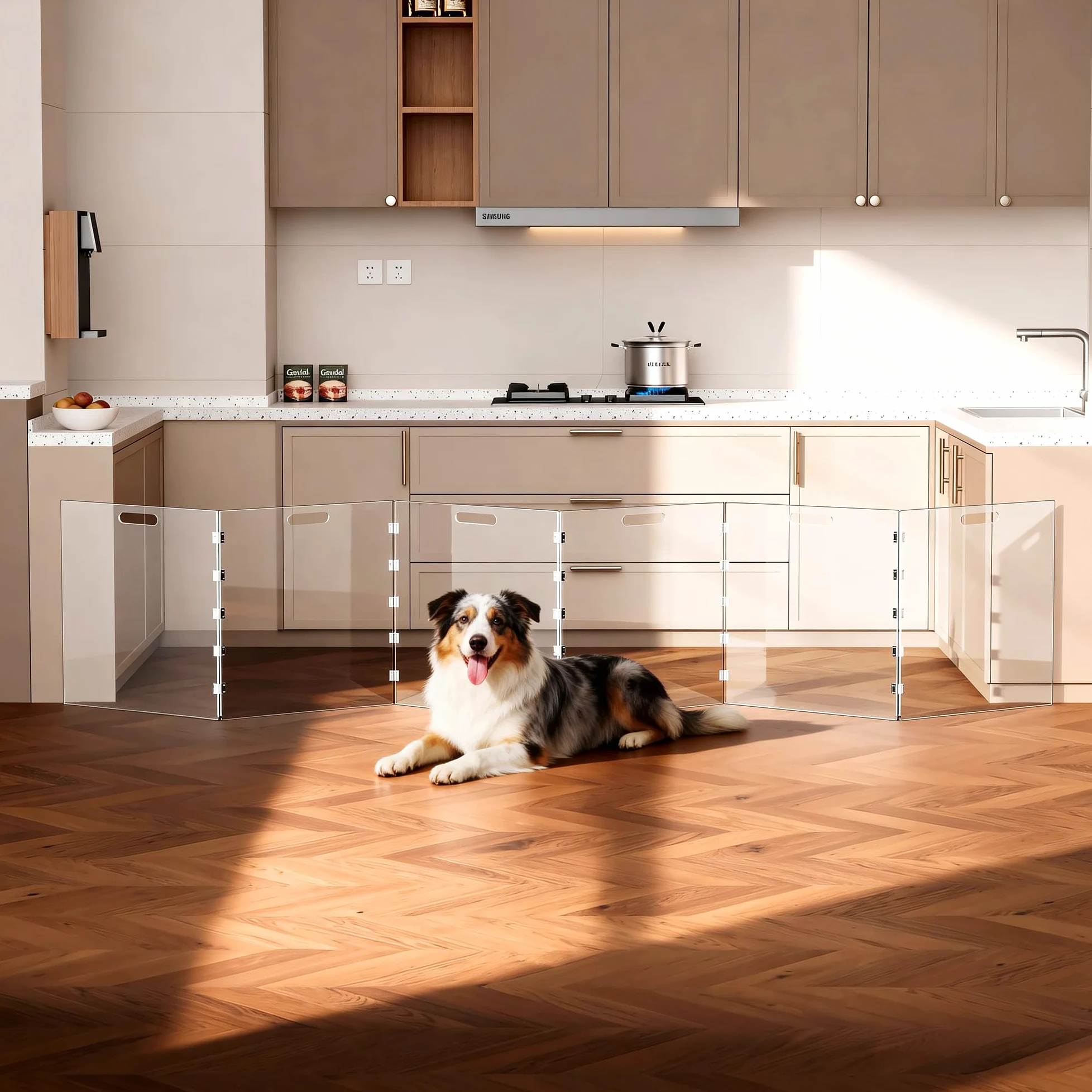 Cancello per cani in acrilico trasparente, cancello indipendente per porte interne, box pieghevole in acrilico per cani, senza fori, trasparente, 6 pannelli