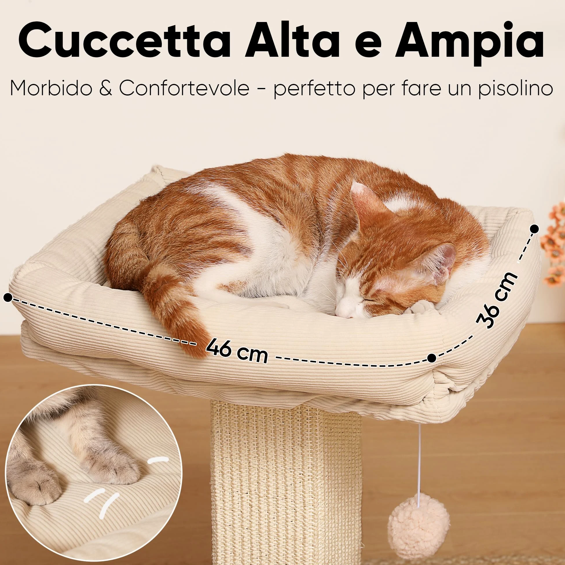 FUKUMARU Tiragraffi per Gatti, Moderno Palo Tiragraffi Alto con Cuccia per Gatti Adulti da Interno, Grande Albero Graffi con Cuccia, Struttura in Legno Massello e Sisal Naturale
