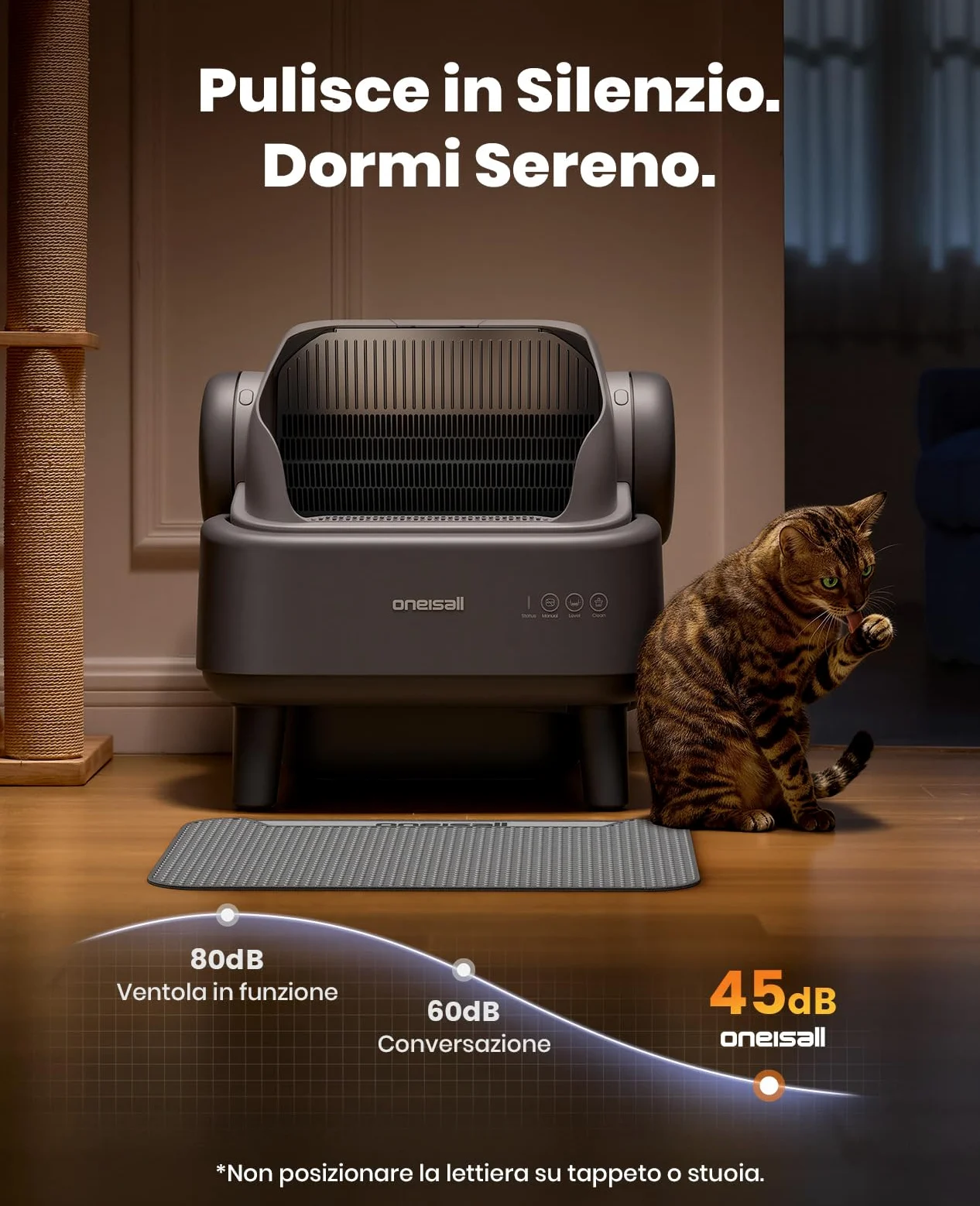 oneisall Lettiera Gatto Autopulentecon sistema EaseClean™, Lettiera Autopulente per Gatti XXL per gatti grandi, griglia in acciaio inox, modalità automatica e manuale, incl. Tappetino e 40 Sacchetti