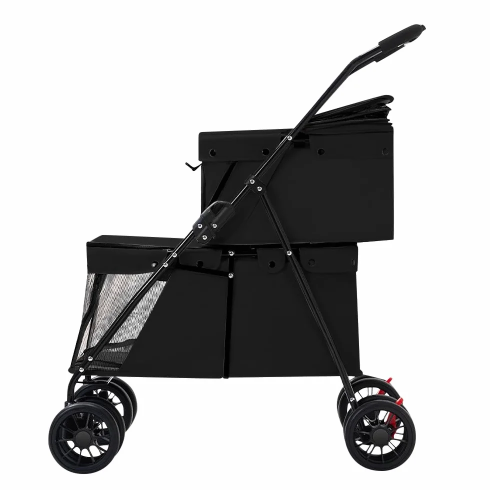 Passeggino a doppio strato, per cani, gatti, animali, viaggi, passeggino, pieghevole, cane, gatto, a quattro ruote, carrello, carrozzina, passeggino, passeggino, Buggy-67 x 50 x 95 cm, nero