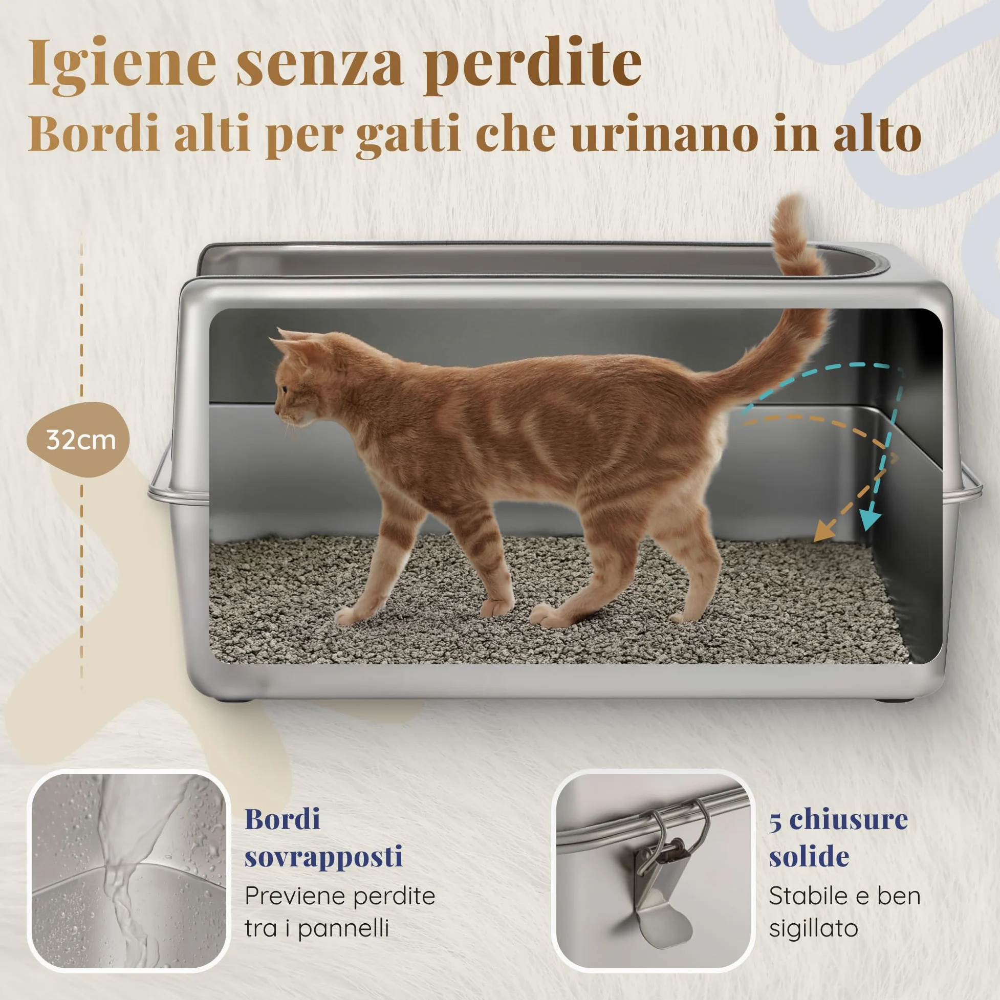Lettiera Acciaio Inox – Inodore e Antiaderente – La Cassetta Gatto Inox XXL – Capacità 38L – Lettiere in acciaio per gatti – Con Paletta e Tappetino per Lettiera – 60 × 40 × 32 cm