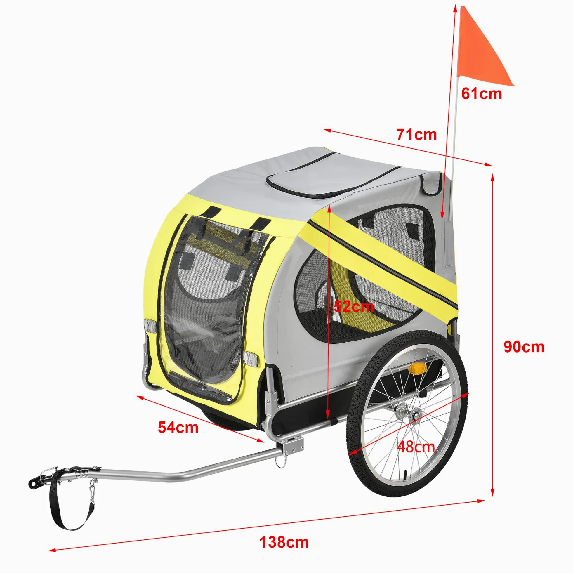 pro.tec Rimorchio per Bicicletta per Trasporto Cani 138 x 71 x 90 cm Carrello per Trasporto Animali Domestici Carico Max.26 kg - Giallo-Griggio-Nero