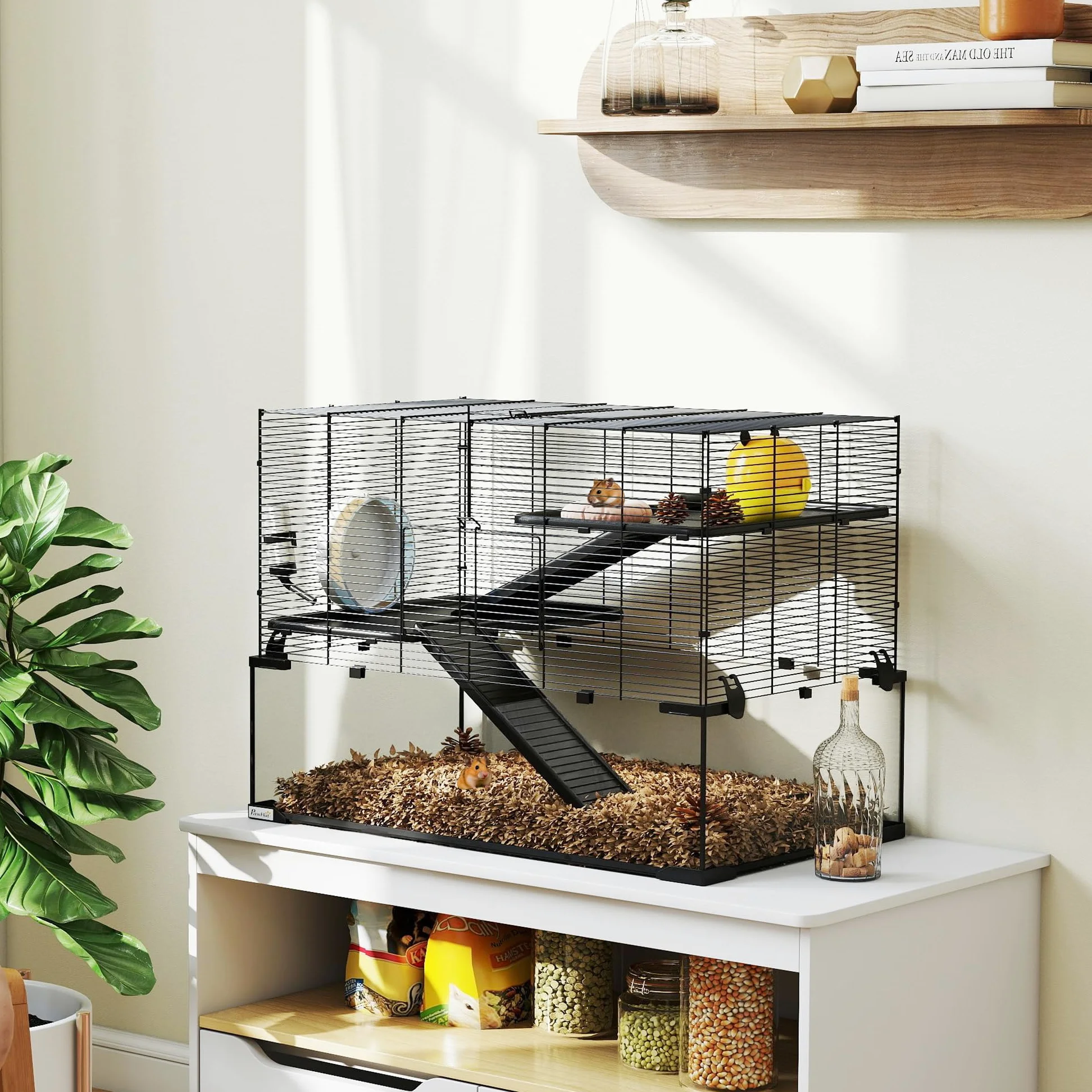 PawHut Gabbia per Criceti, Gabbietta per Criceti, Gerbilli e Piccoli Animali in Filo d'acciaio e Vetro con Ruota, Piattaforme, Rampe, Base Rimovibile, Beverino e Mangiatoia, 76.5x48.5x54.5 cm, Nero