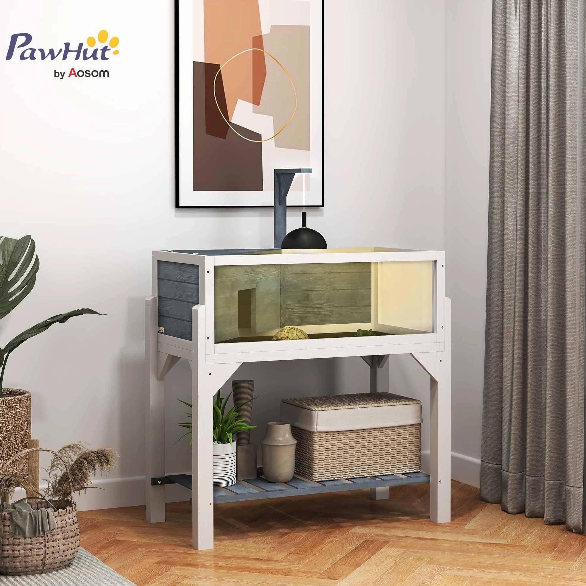 PawHut Casa per tartarughe su piedini a 2 zone - terrario per tartarughe terrestri con tetto apribile e zona interattiva - recinto 90 cm, supporto lampada, vista panoramica e ripiano - grigio