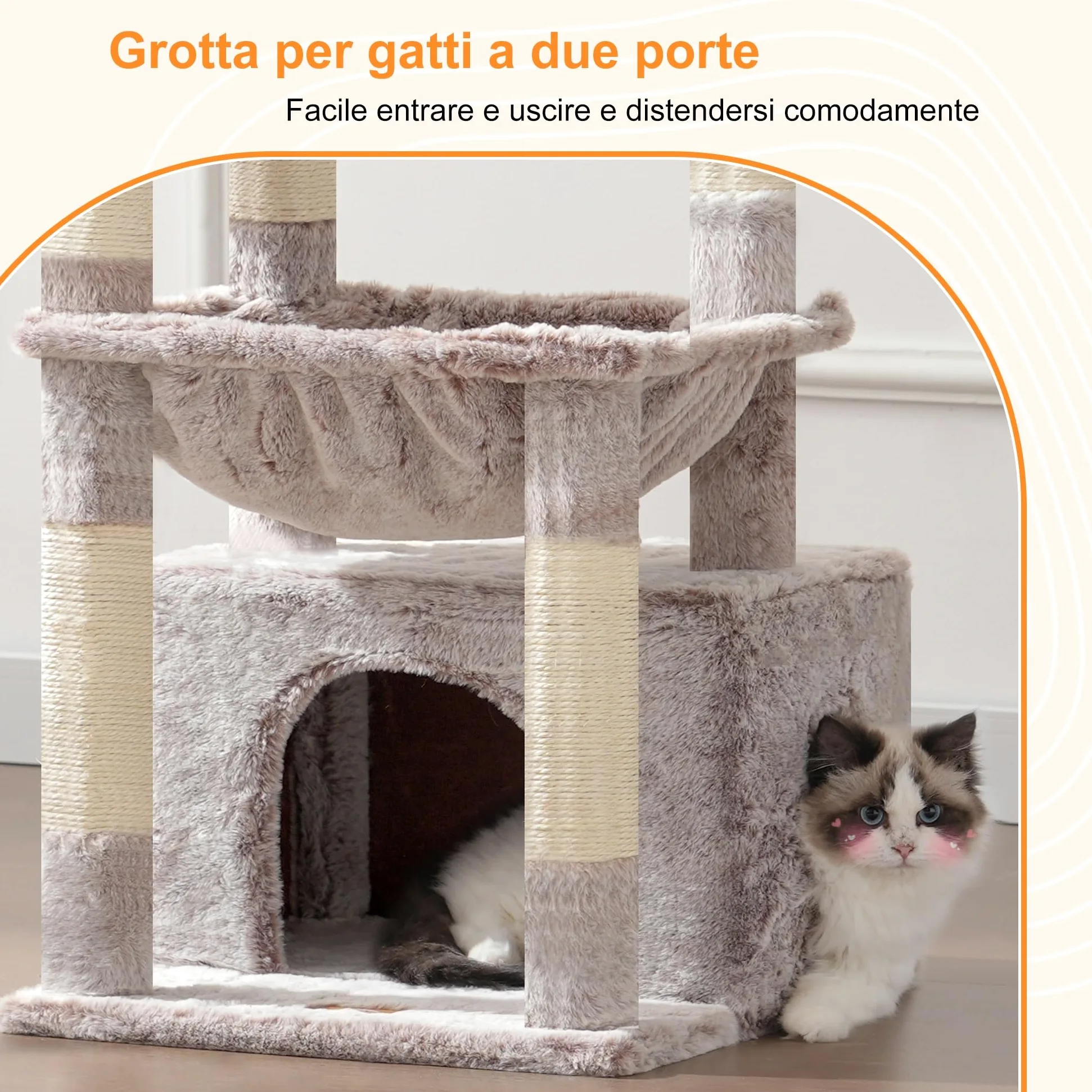 Heybly Albero per Gatti, con Cestino Extra Grande e Morbido, Letto Spazioso, Posto Letto Nascosto, Colonne in Sisal Robuste e Palla di Peluche, Beige Marrone HCT008SMU
