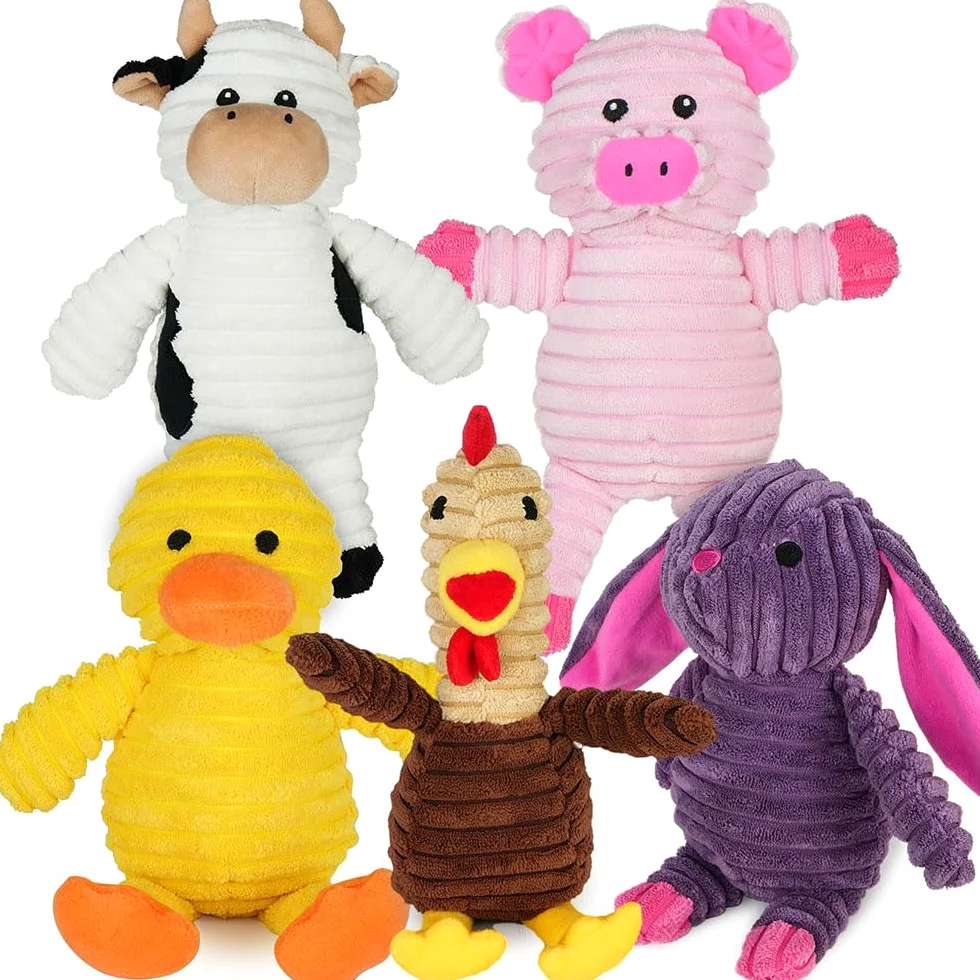 PrimePets Peluche per Cani, 5 Pezzi Giochi Cane con Squeak, Giocattoli per Cani, Peluche Cane, Giocattolo Interattivo (Animali Fattoria)