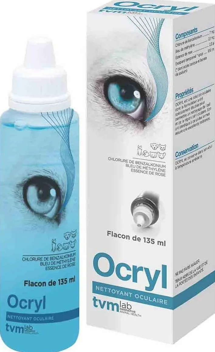 TVM Ocryl collirio | Confezione Doppia | 2 x 135 ml | Prodotto per l'igiene oculare di Cani, Gatti, Cavalli e Animali esotici | può Essere utile per Rimuovere Polvere e corpi estranei