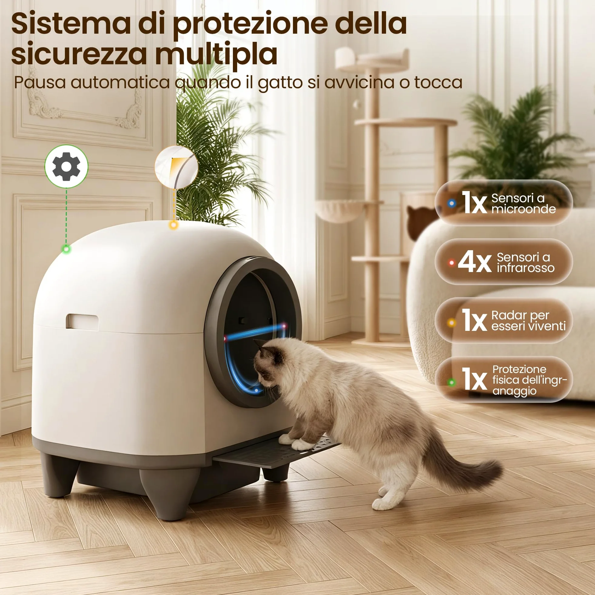 Lettiera Gatto Autopulente con APP, Lettiera Autopulente per Gatti da 90 L con Cassetto Feci da 8,5 L per Oltre una Settimana, Sistema Profumato e Sensore Radar, Adatta a Famiglie con Più Gatti.
