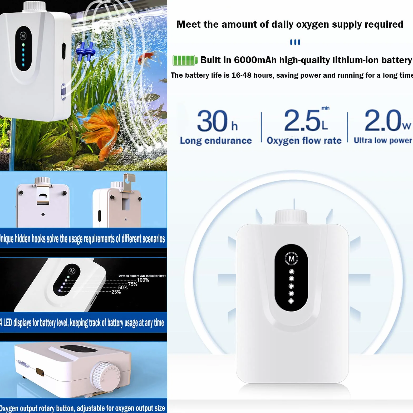 Pompe ad aria solare, 6 W, con batteria da 6000 mAh, ricarica USB e ricarica solare sono disponibili, pompa ad aria ossigenata, aeratore per acquario, aeratore con tubo per bolle d'aria, per