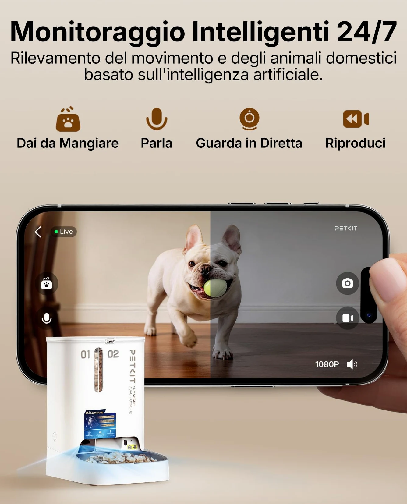 PETKIT YumShare Dual-Hopper 2, Distributore Automatico di Cibo per Gatti e Cani con Telecamera HD 1080p, Riconoscimento Multiplo Gatti, Funzioni AI, Capacità 5L, Wi-Fi 2.4 GHz e 5 GHz