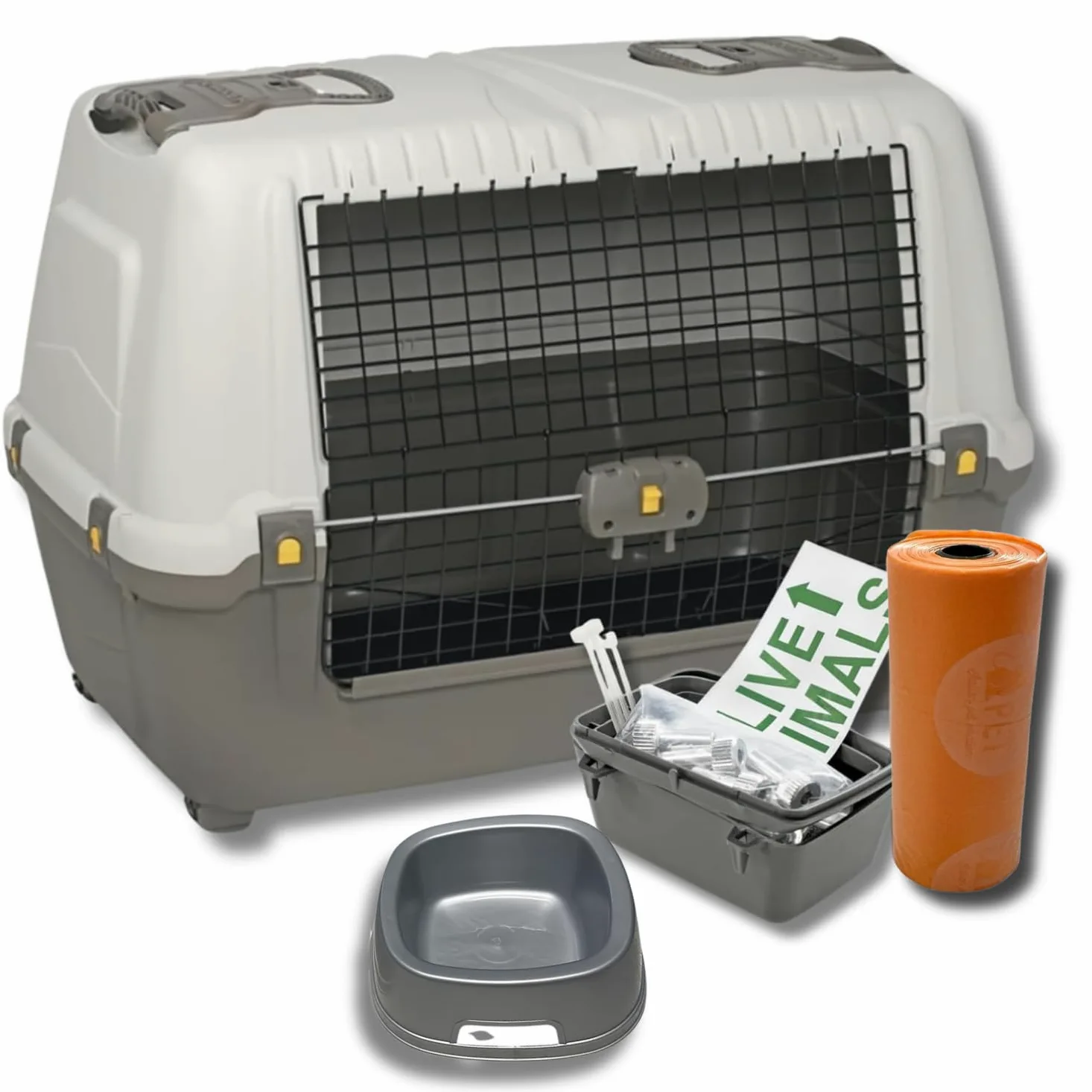Pet’s Market Trasportino Skudo 90 Car Cane con Kit Viaggio Viti Ciotola Adesivo con 2 Rotoli Sacchetti Igienici 2 Ciotole Casuali Omaggio Auto Plastica Porta Ferro Grigio Scuro (90+KIT (89x51x60H) cm)