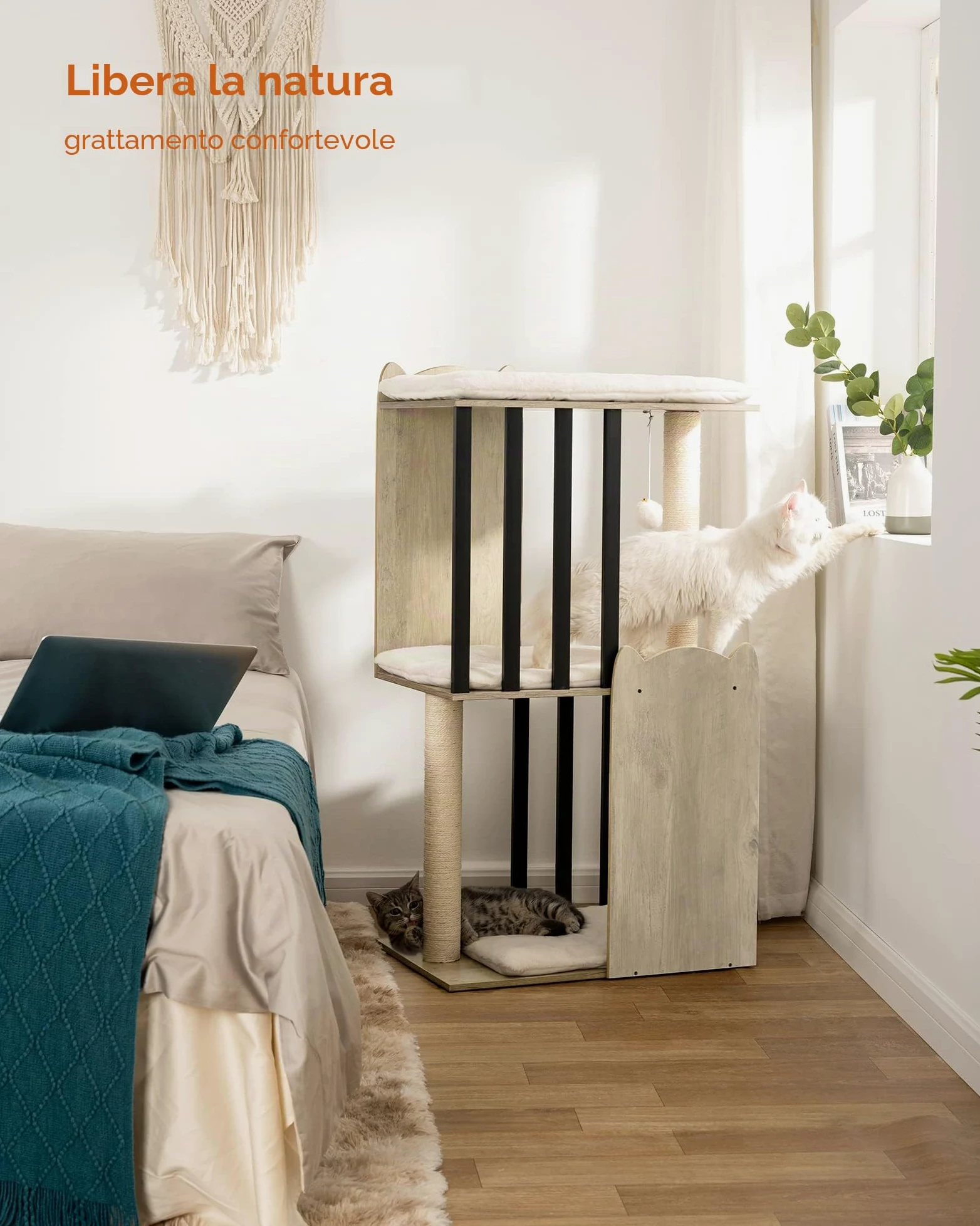 FourFurPets 3-Tier Modern Albero per Gatti Alto 111 cm, Tiragraffi per Gatti, con 2 Pali Graffiatoi in sisal, 3 Piattaforma Grande, Pompon, Greige