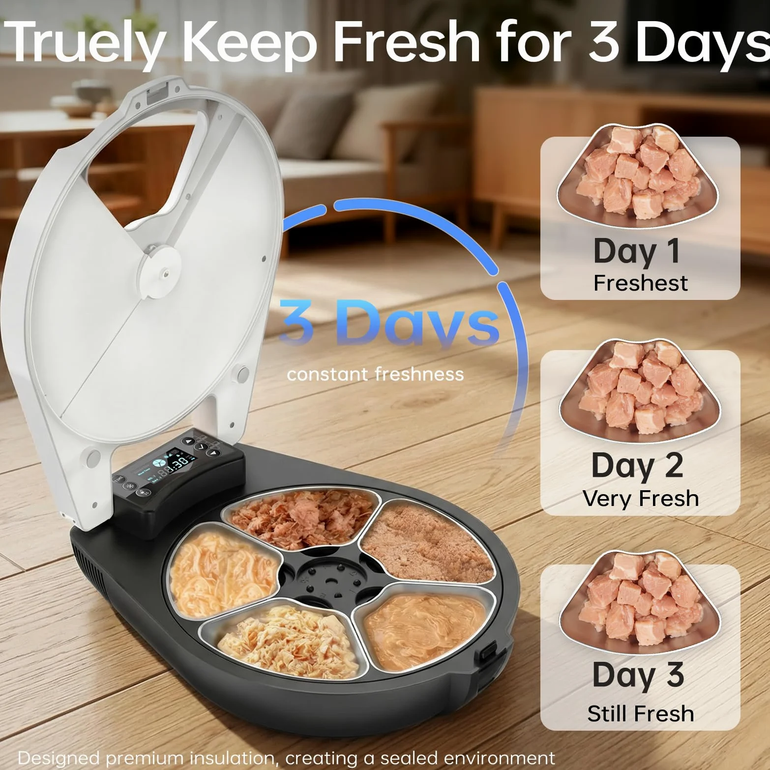 Distributore Automatico Cibo Gatti Umido, 5 Pasti Freschi in 3 Giorni, Raffredd. & Riscald. Semiconduttore Distributore Cibo Umido Gatti, Ciotola Inox 304, Dispenser Per Gatti Con Programmabile