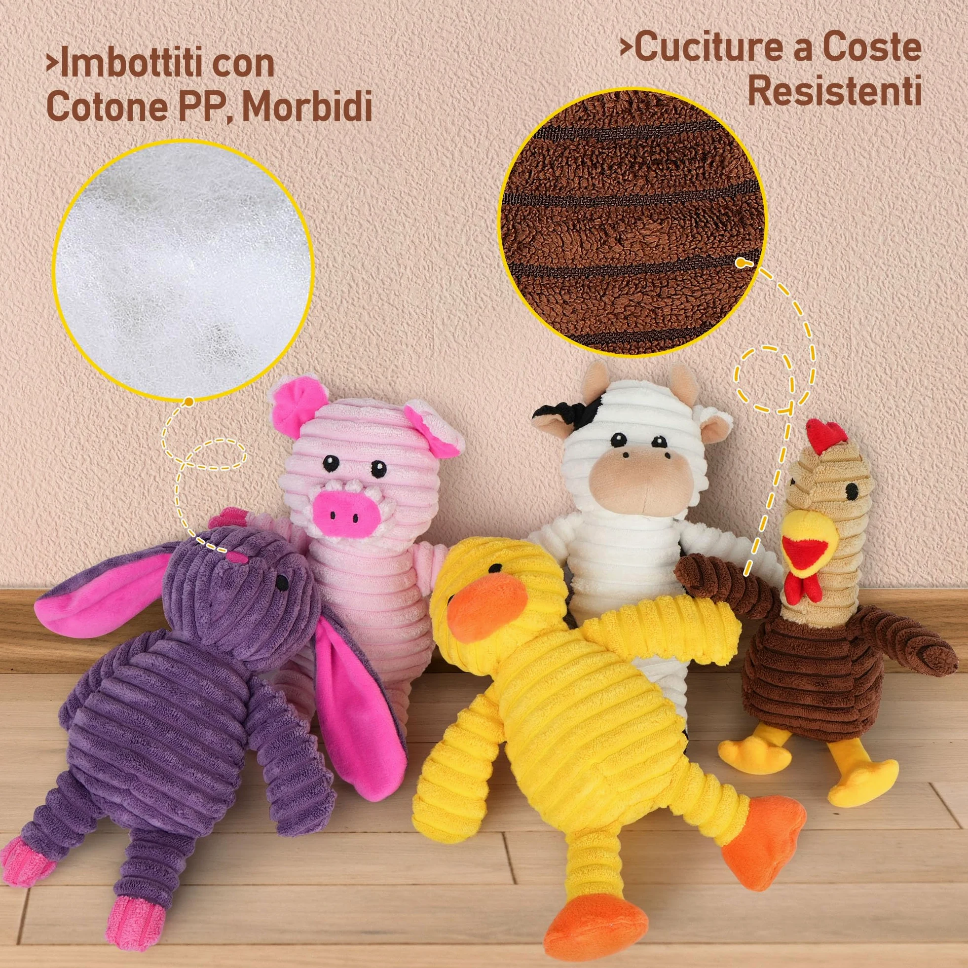 PrimePets Peluche per Cani, 5 Pezzi Giochi Cane con Squeak, Giocattoli per Cani, Peluche Cane, Giocattolo Interattivo (Animali Fattoria)