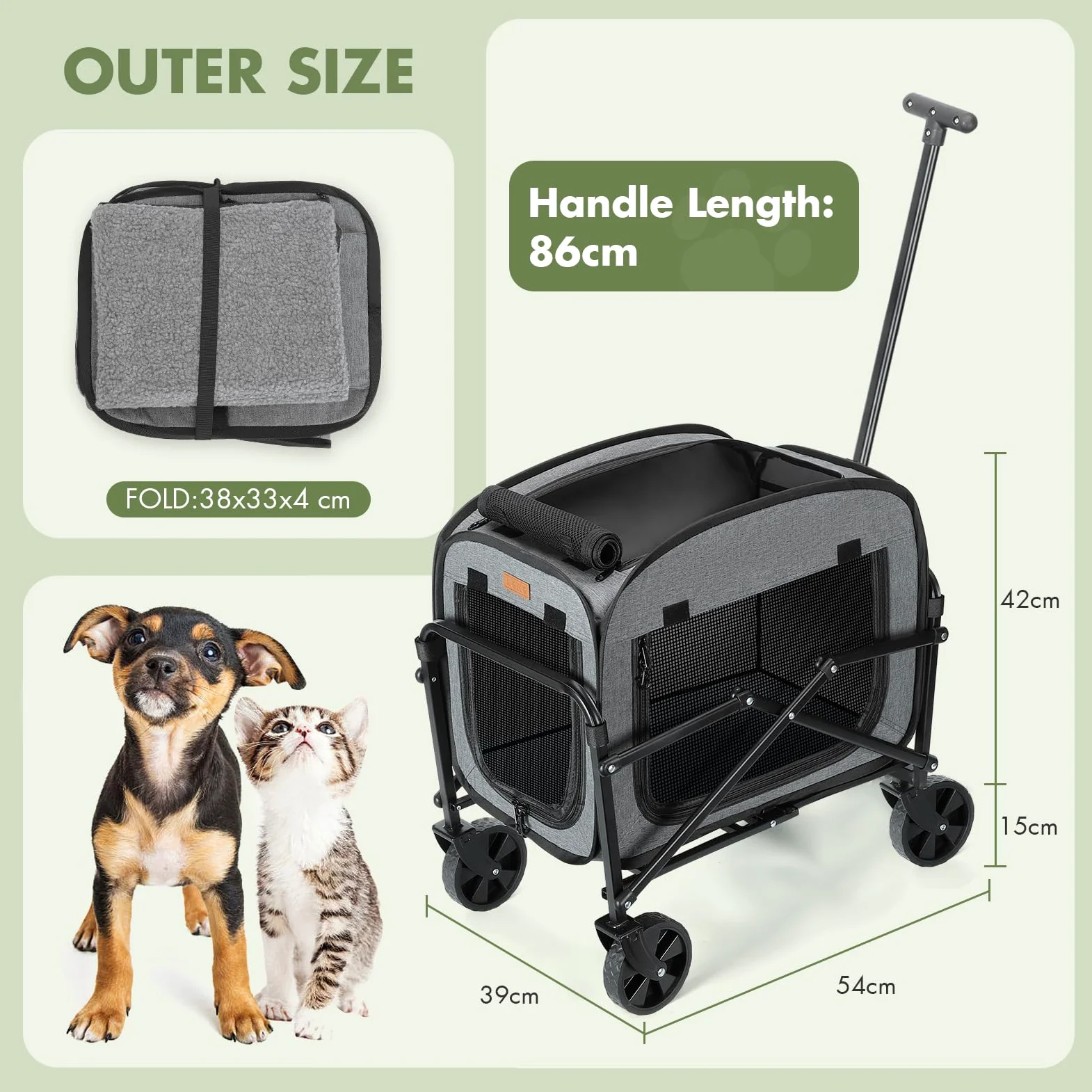 Trasportino per Cani Gatti con Ruote, Trasportino Gatto con Manico Telescopico e Base Rimovibile, Carrello Animali Rotolante Carico Massimo 18 kg con Grandi Ruote per Tutti Terreni, Grigio