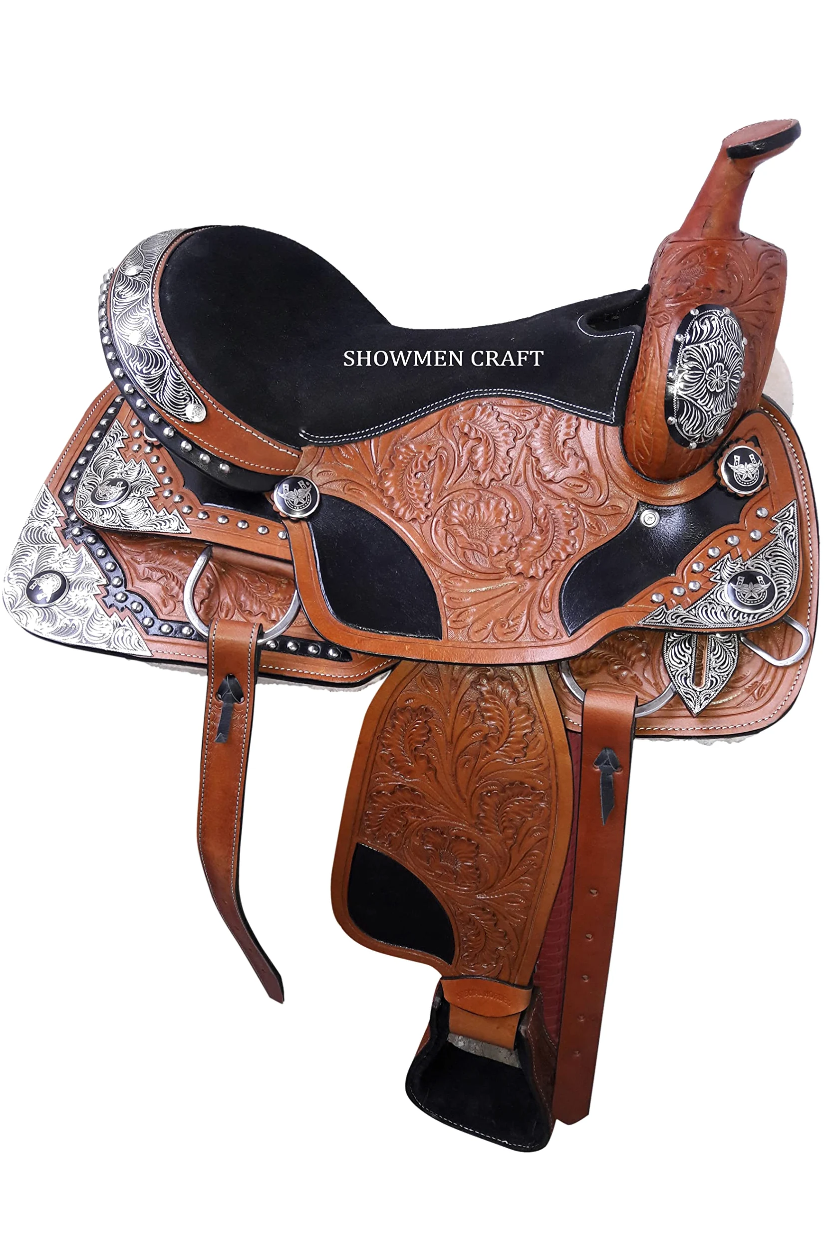 Sella western in pelle completamente show sella con canchos angolo argento con testiera e pettorale abbinati