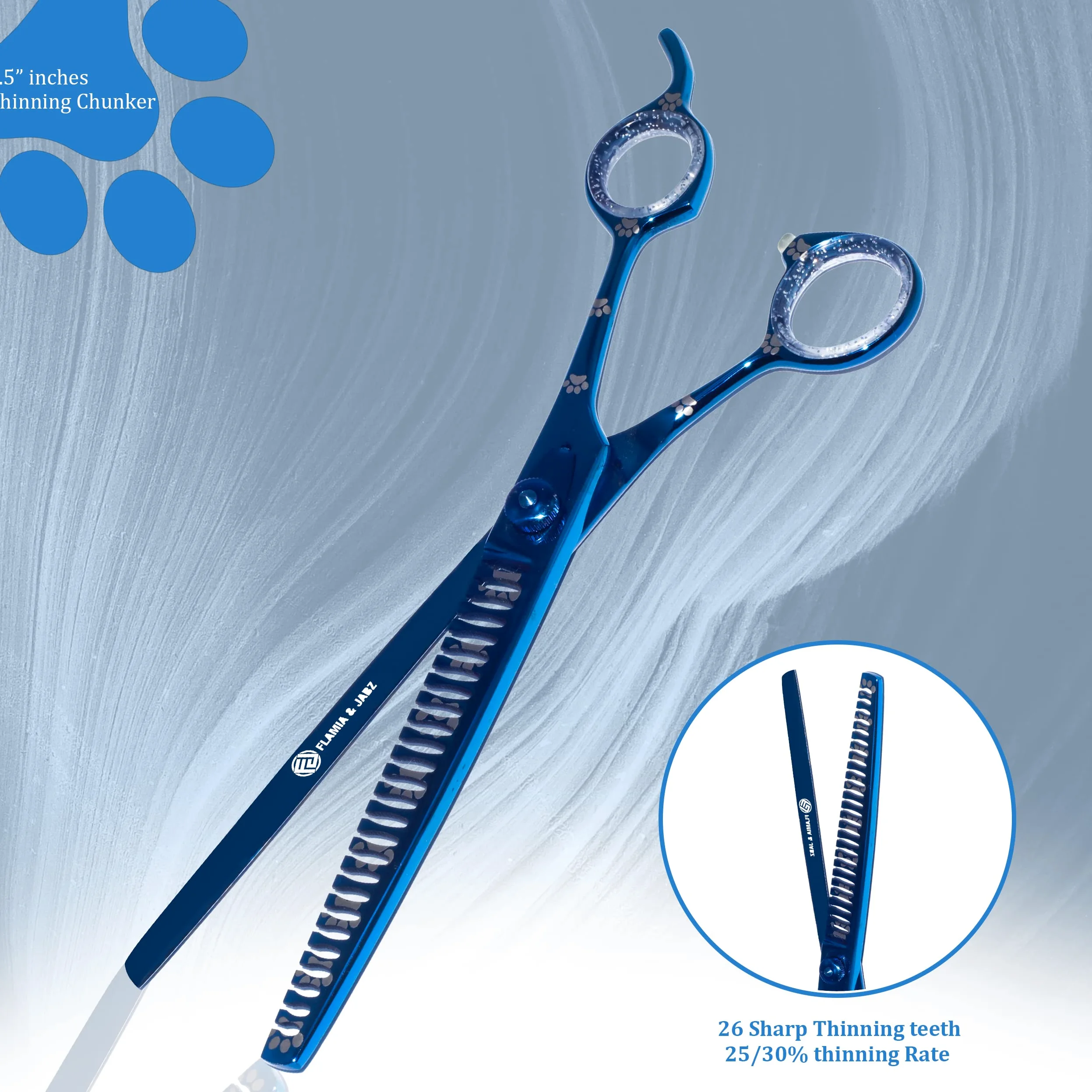 Set di forbici professionali per la toelettatura del cane, dritte, curve, diluenti/frullatore e chunker con impronte di zampe per cani, blu, acciaio inossidabile 20.5 cm)