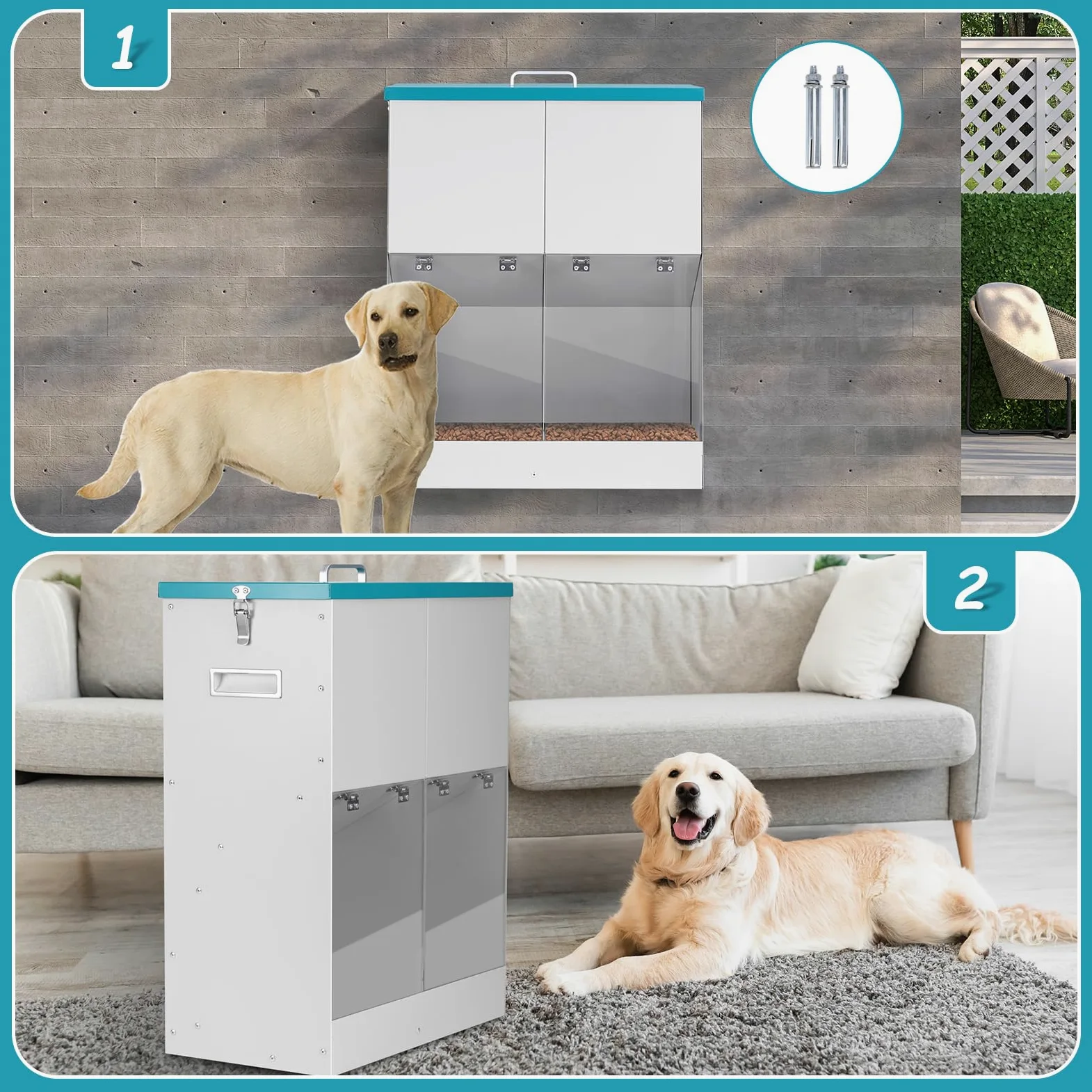 Mangiatoia Automatica a Gravità per 2 Cani, Distributore di Cibo per Cani di Razza Grande in Metallo Zincato con Capacità di 46 Libbre, Mangiatoia Doppia per Animali da Esterno e da Interno