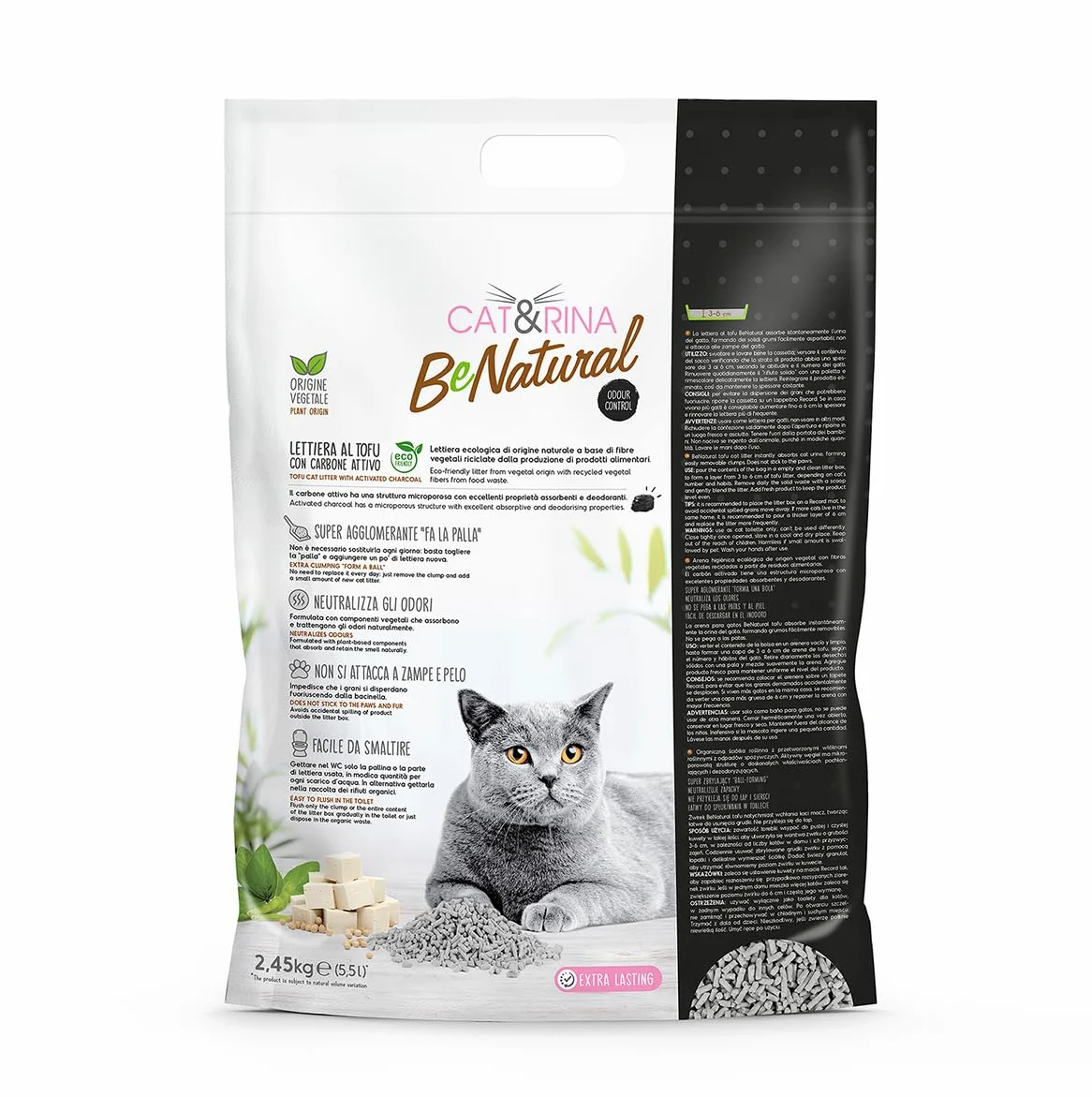 Cat&Rina BeNatural, lettiera per gatti al tofu da 5,5l Agglomerante e Vegetale. Fino a 30 giorni di utilizzo. Si smaltisce nell'organico o nel wc. Sabbia gatti anti odore Carboni Attivi, 6 pezzi