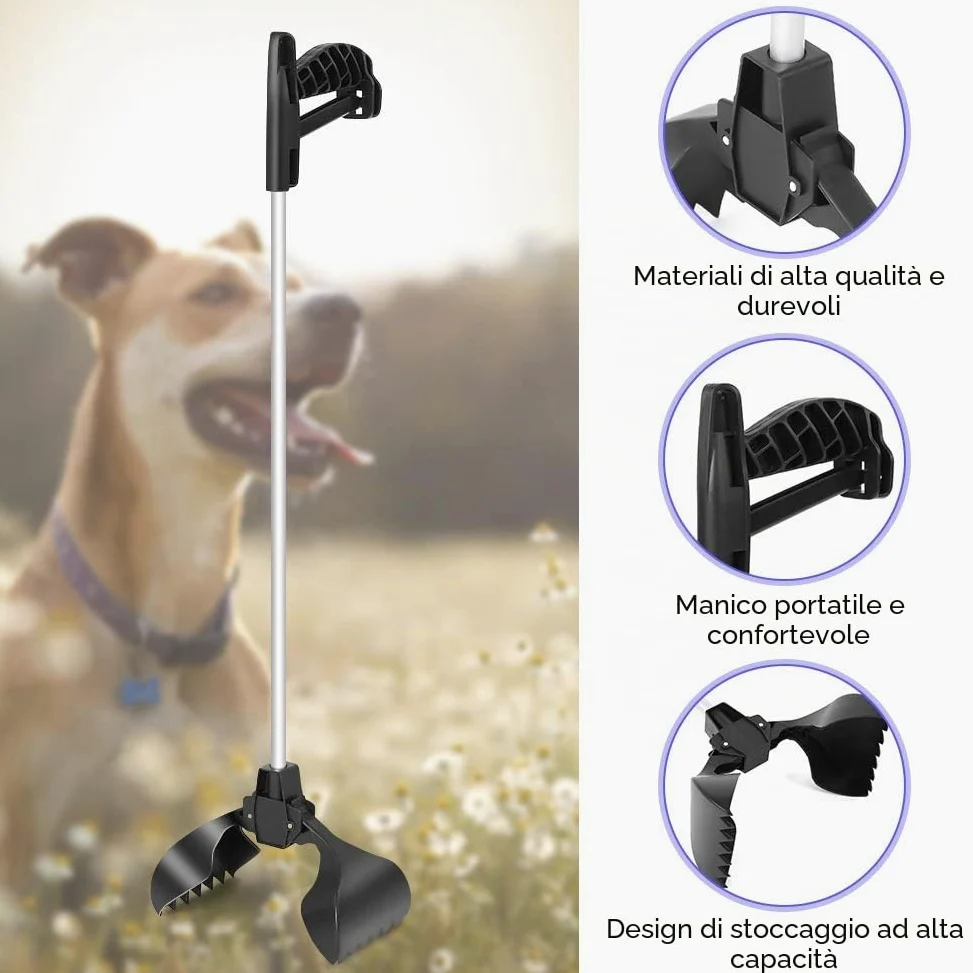Greensen Pala portatile per escrementi di cani con manico lungo e molla ad alta pressione per escrementi di cani e gatti, con design ergonomico professionale