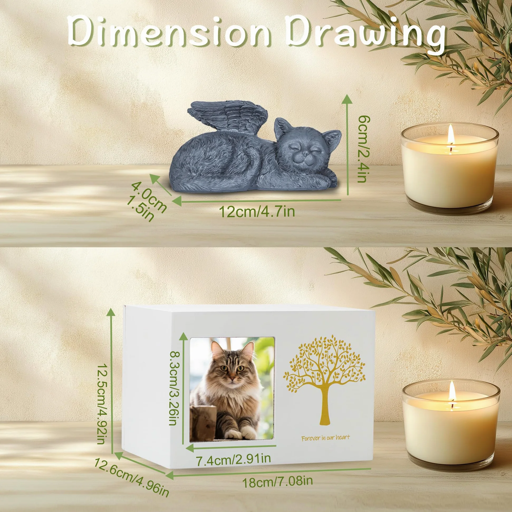 Urna per ceneri di gatto, urna in legno bianco per ceneri di gatto, scatola dei ricordi per gatti, con statua in resina e sacchetto per ceneri