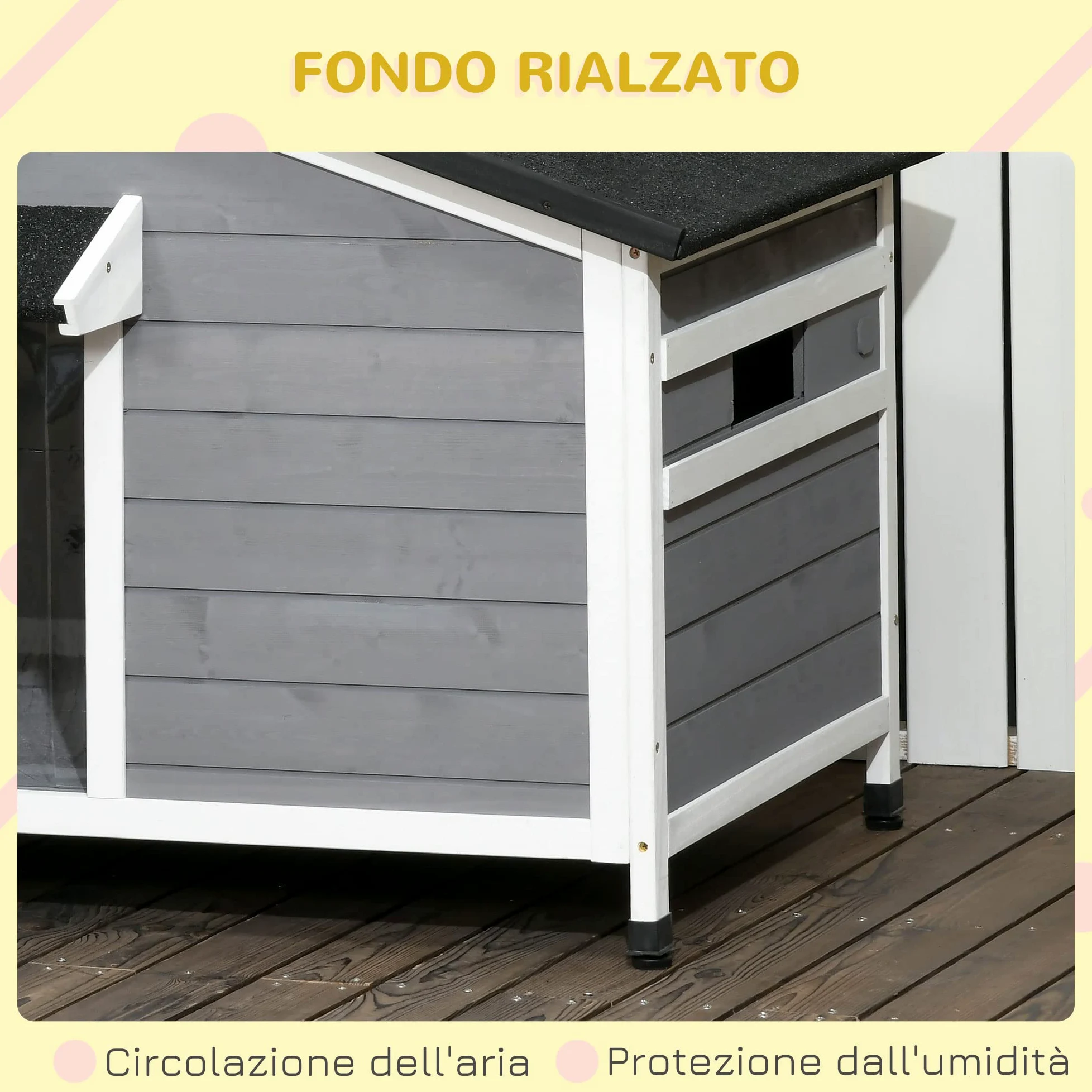 PawHut Casetta per Cani Taglia Piccola e Media in Legno di Abete, Design Rialzato con Tenda Protettiva, 2 Finestre e Fondo Rimovibile, 109x79x72 cm