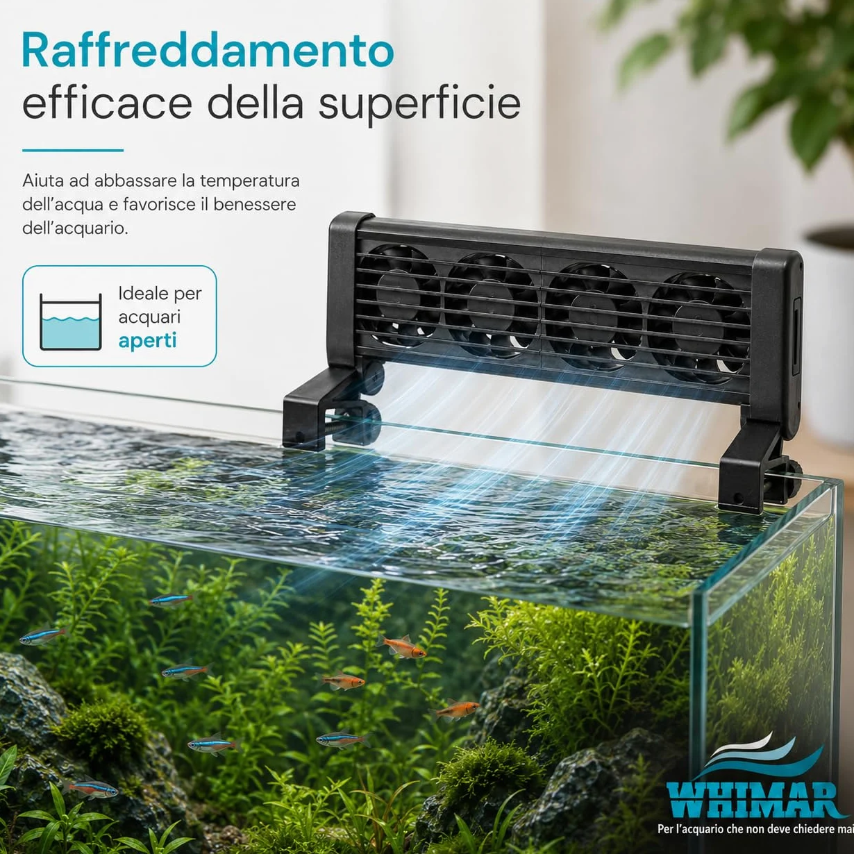 Whimar MultiFan 4 Ventole di Raffreddamento per Acquario, Sistema 12V a 4 Ventole, Basso Consumo 3,8W, Silenzioso <40 Db, per Acquari Aperti, Supporto per Vetro Fino a 20 mm