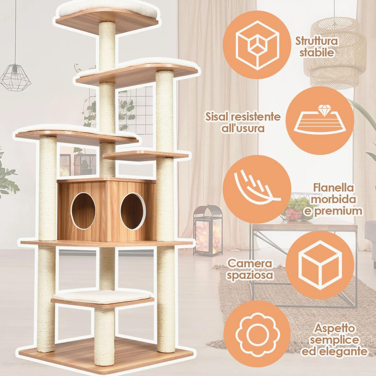 COSTWAY Tiragraffi per Gatti 176cm, Albero per Gatti Adulti XXL con Corda Sisal, Cuccia, Piattaforma e Cuscini, 86,5 x 86,5 x 176cm, Nero e Naturale