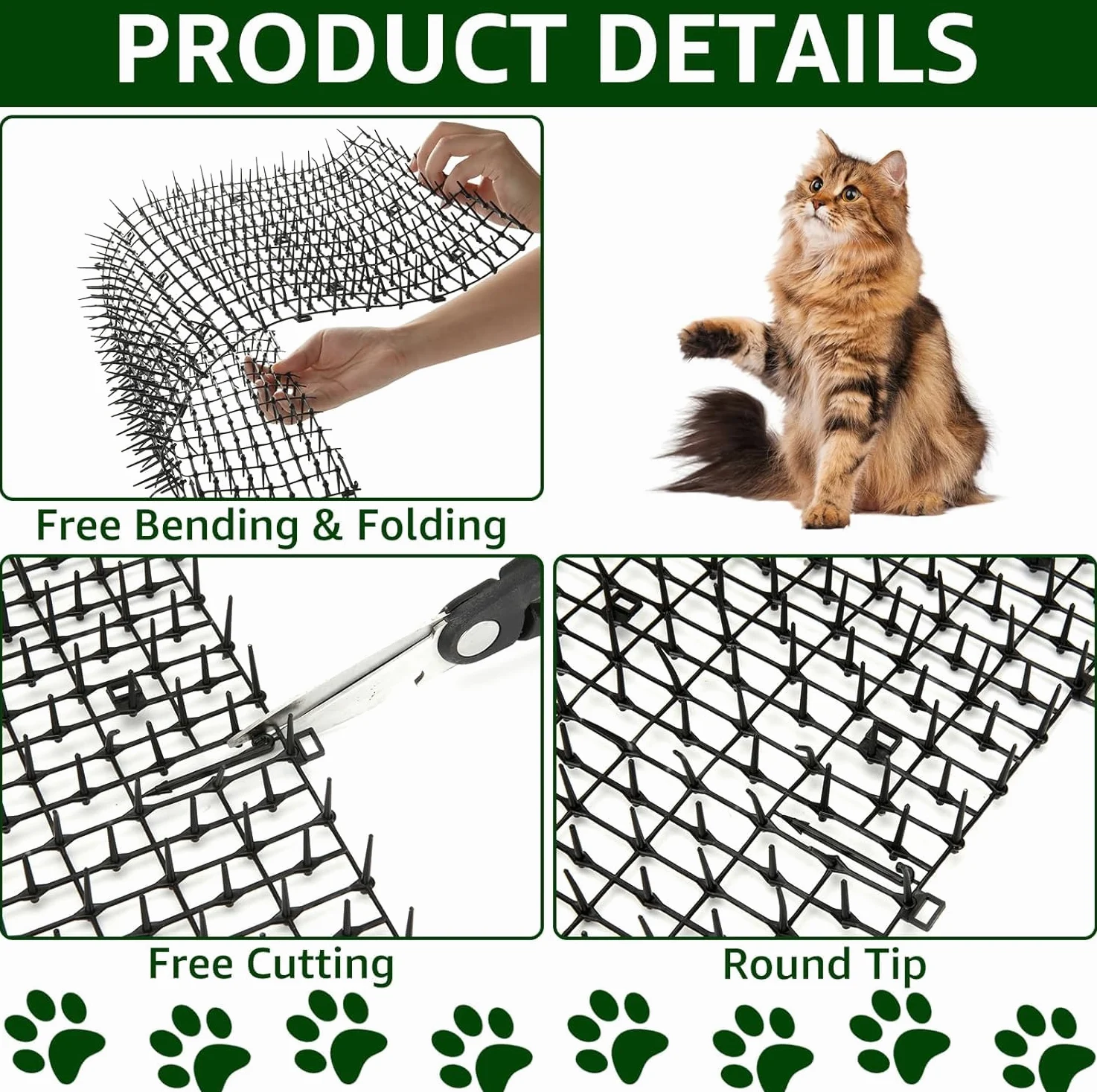 AKOLAFE Tappetino per gatti con 8 picchetti in metallo per esterni, 400 x 30 cm, anti punte, repellente per gatti, cani, volpi, deterrenti per scavare cani da giardino, gatti, volpi