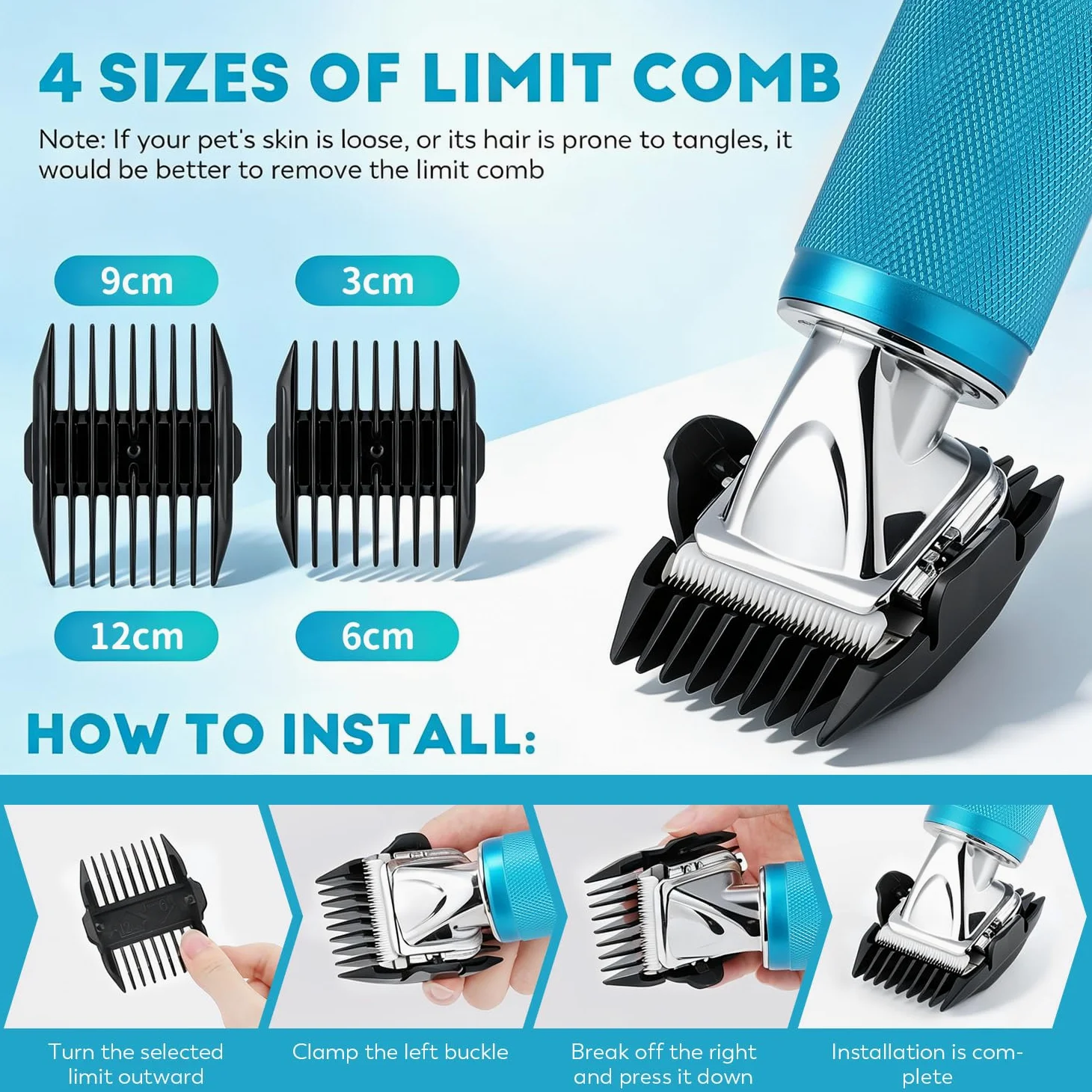 CGOLDENWALL 300W Tosatrice per Cani per Animali di Tutti i Tipi di Pelo, Velocità Regolabile su 3 Livelli da 2000-6000 giri/min, Cavo da 3 m, Rumorosità< 50DB, Con 2 Lame& 2 Pettini (3/6 mm, 9/12 mm)