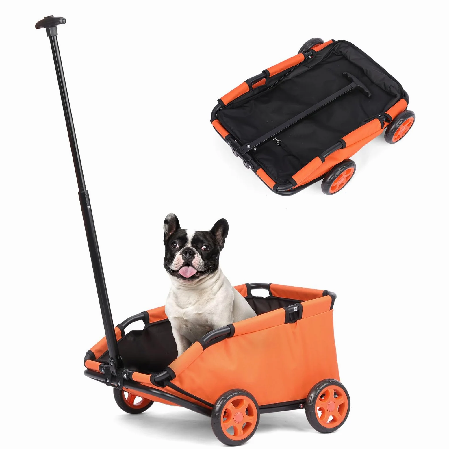 Passeggino per mini animali domestici, carrello della spesa pieghevole multifunzionale con maniglia estensibile, cuscino integrato e corda di sicurezza con borsa (arancione)