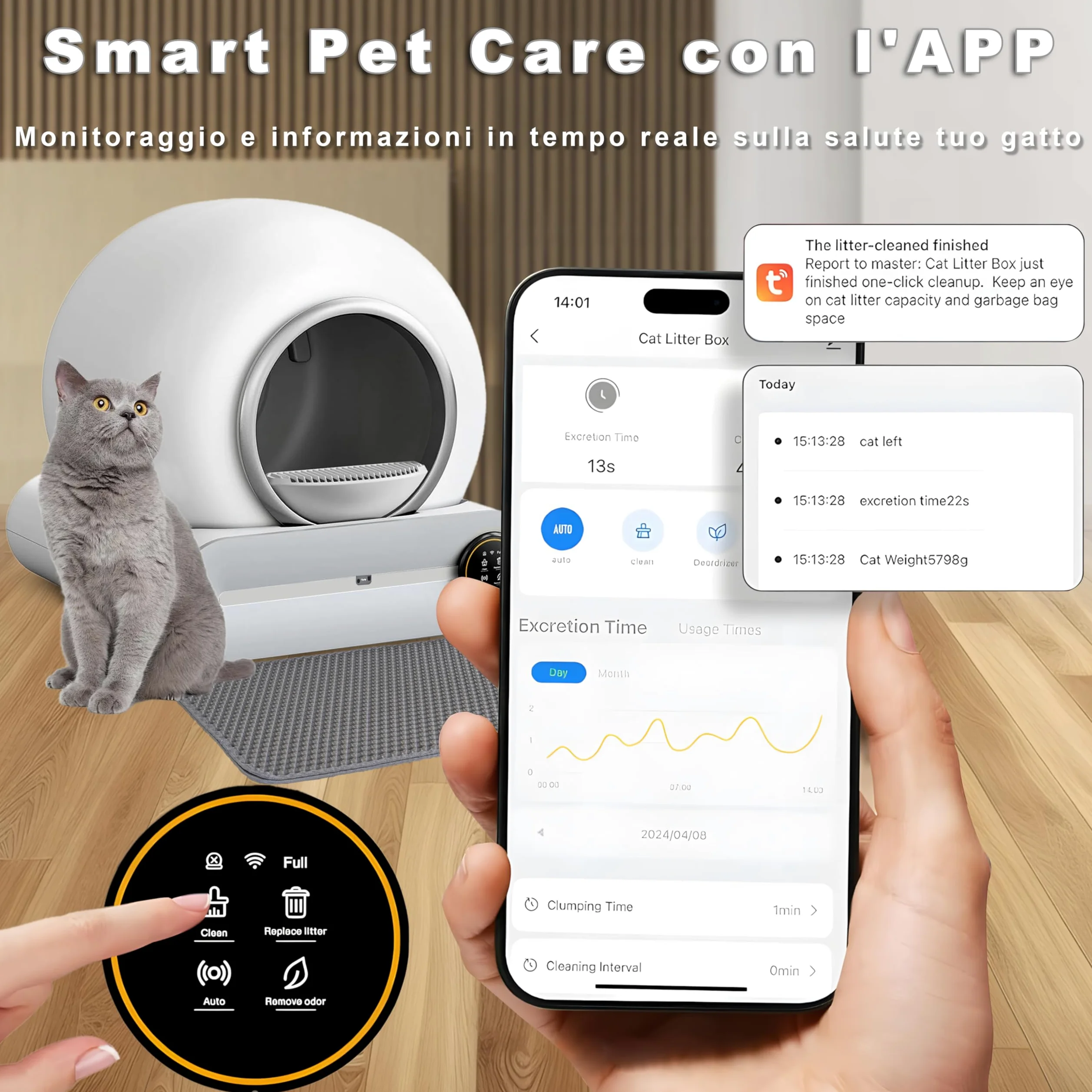 Lettiere Autopulenti Gatti 65L + 9 L con 5 Sacchi Spazzatura e Tappetini Lettiera Gatti, Controllo APP, Deodorante Ionico Lettiera Autopulente per Gatto (A)