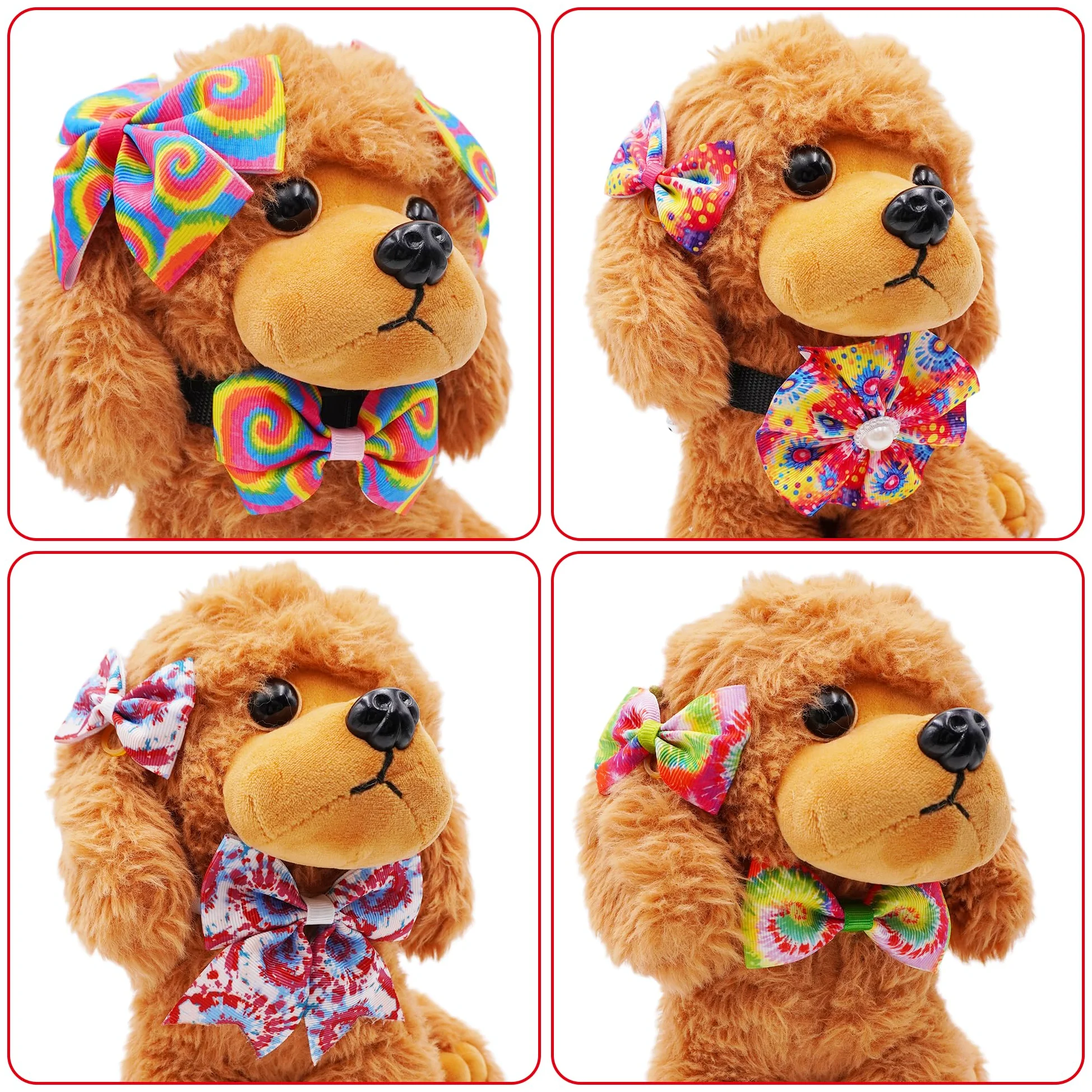 La confezione da 120 fiocchi per cani tie dye include 60 collari per cani, fiori e papillon, 20 papillon con collare regolabile, 40 fiocchi per capelli per ragazze, femmine, ragazzi, cani