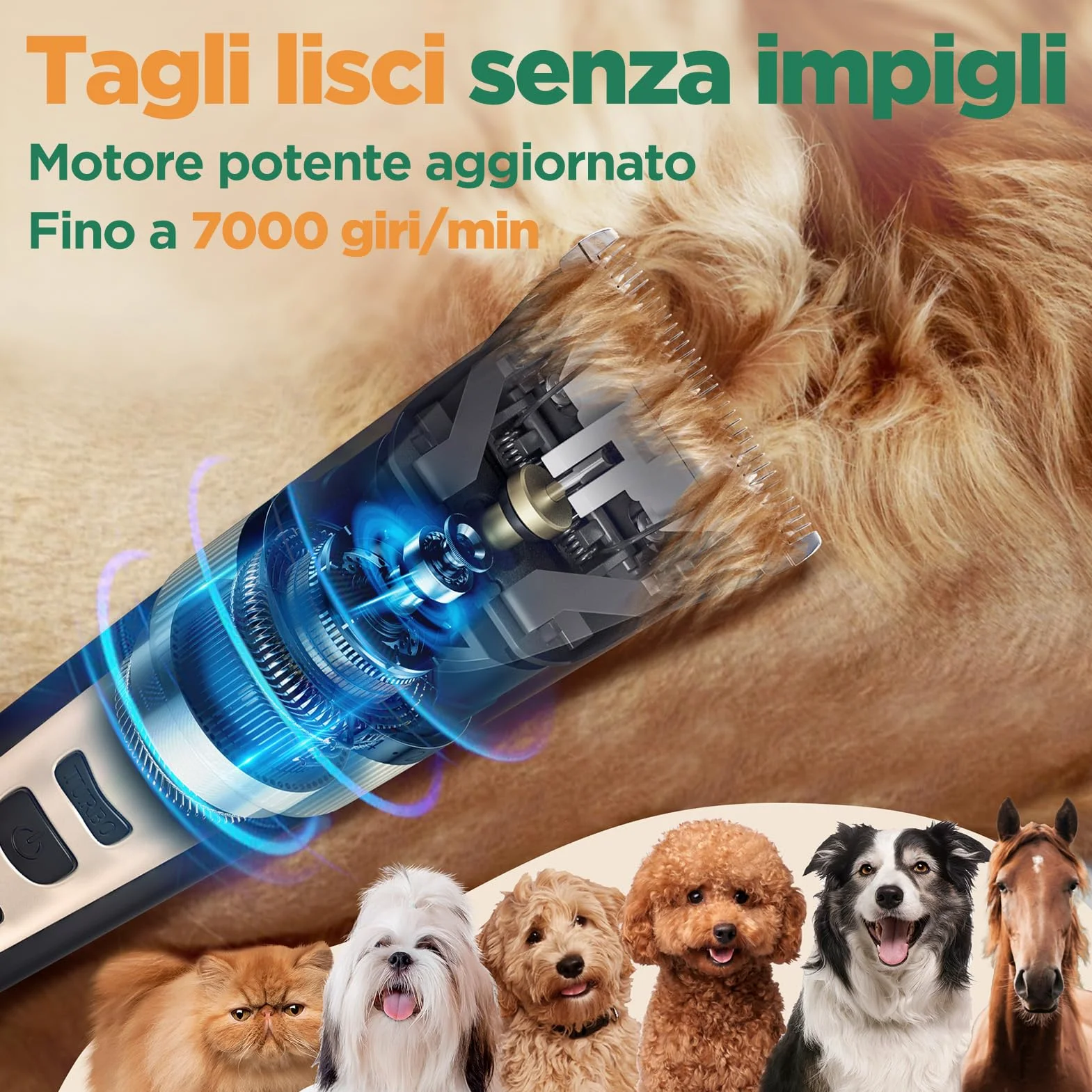 Gimars Silenzioso Tosatrice per Cani Professionale, Impermeabile IPX7 Rasoio per Cani Pelo Lungo, Macchinetta per Gatti, Dorata