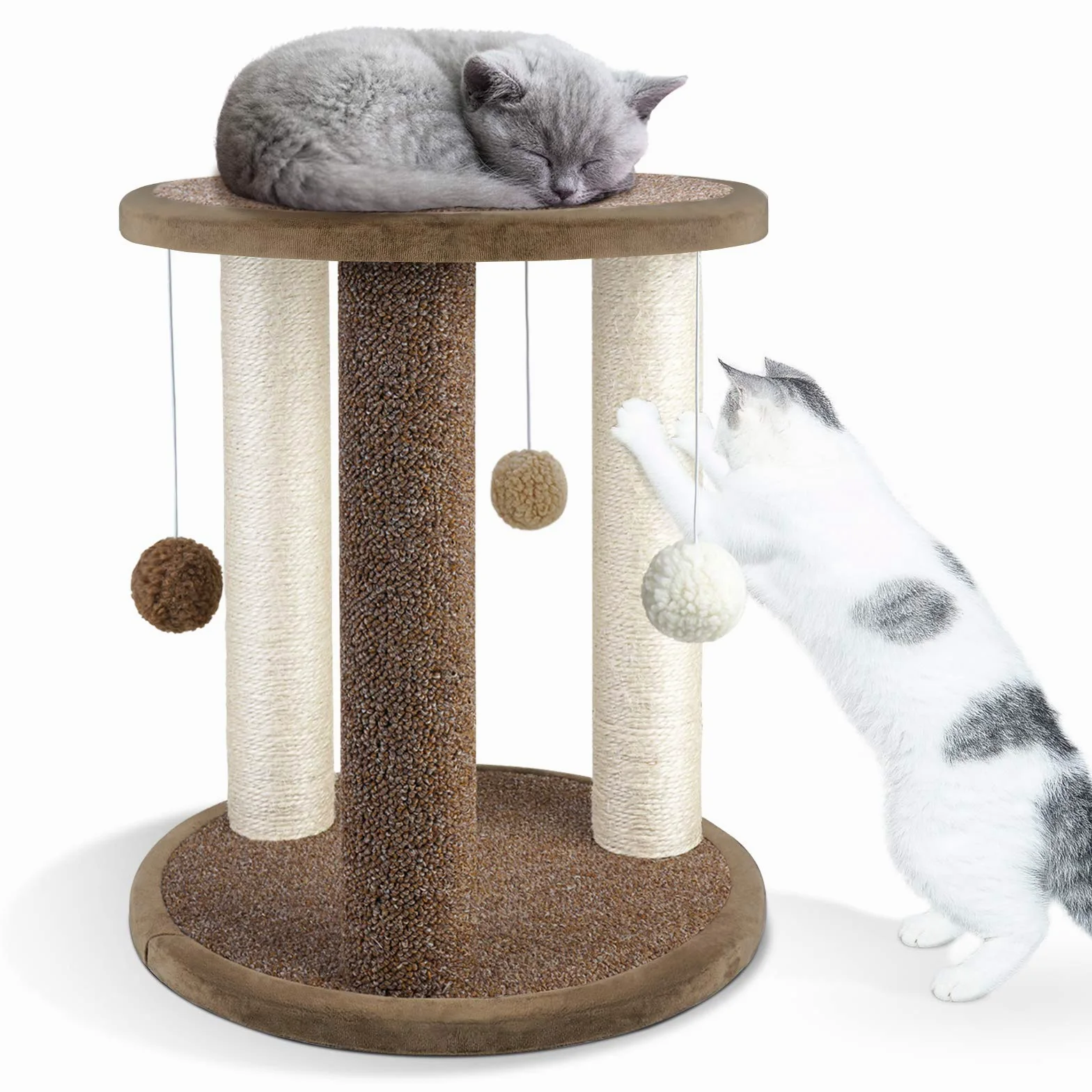 Aibuddy Tiragraffi per gatti, torre tiragraffi con 3 pali tiragraffi, area giochi con base in moquette e posatoio (giocattoli interattivi per gatti, palla pendente, montaggio orientale, 40 x 40 x 47
