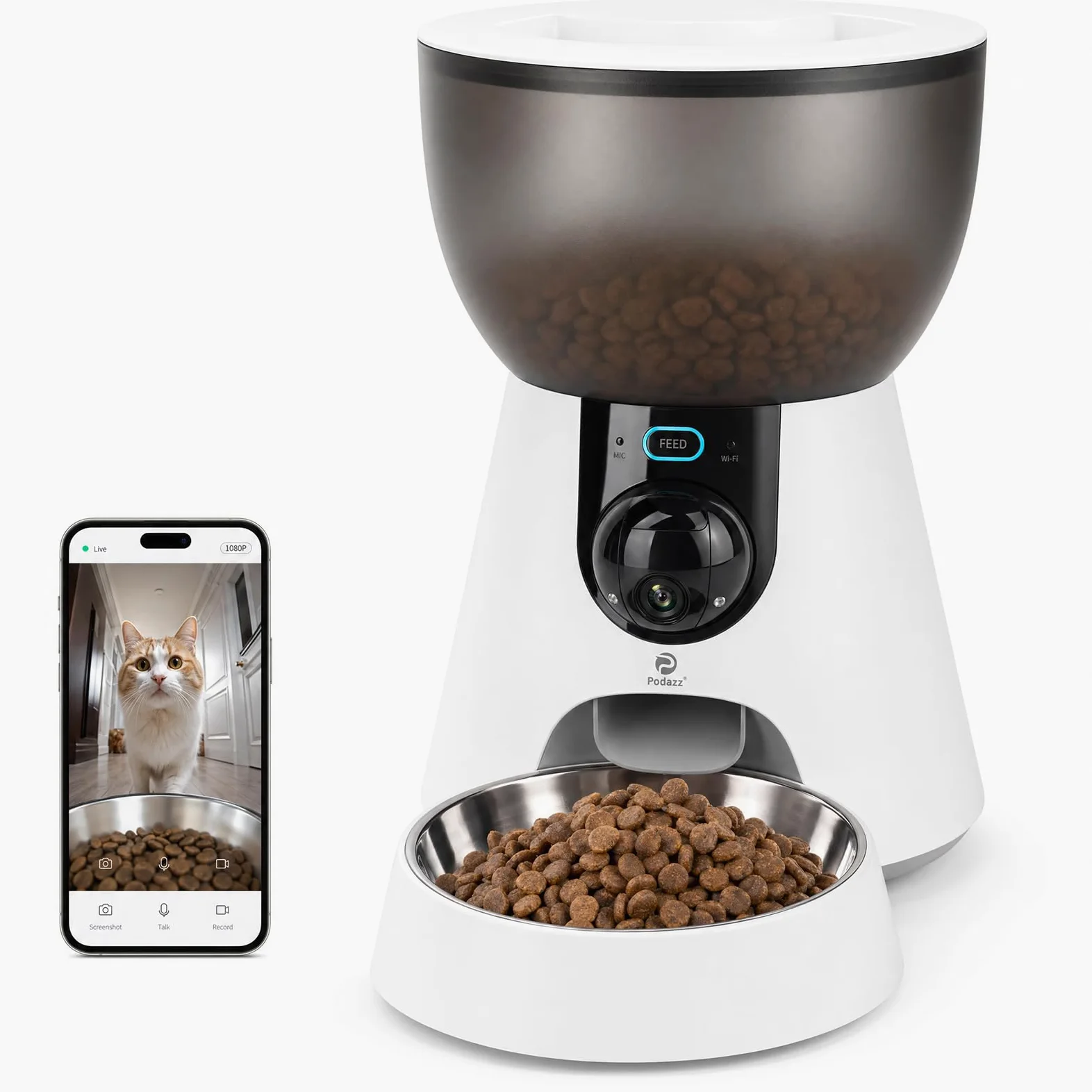 Podazz Distributore Automatico Cibo Gatti con Fotocamera 1080P, 2.4G/5G WiFi Dispenser Cibo Gatti, Controllo App, Timer, Visione Notturna e Voce Bidirezionale, Fino a 10 Porzioni 10 Pasti al Giorno