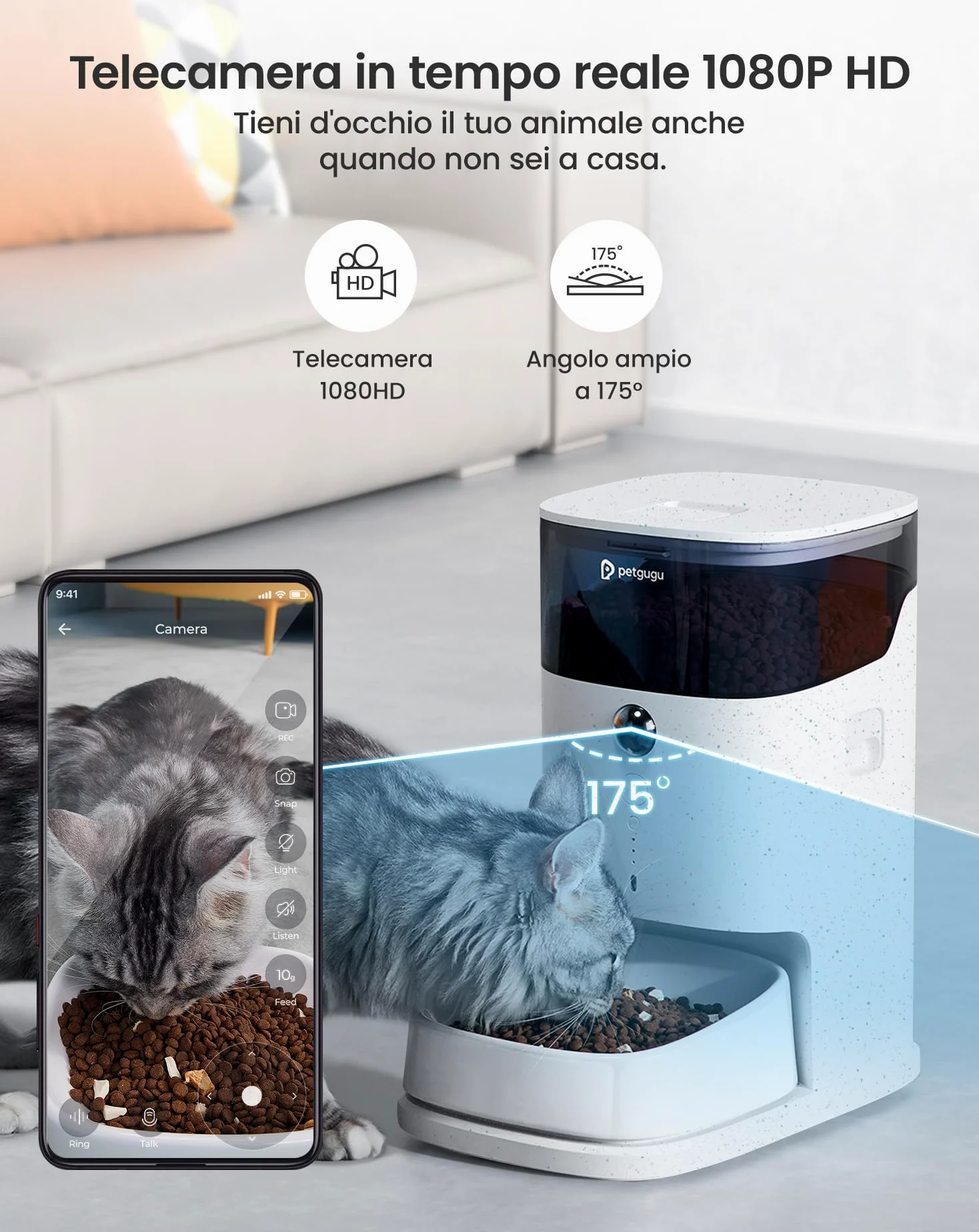 PETGUGU Distributore Automatico Cibo Gatti, Dispenser Crocchette Gatto con Timer, Distributore Smart con Controllo APP e Interazione Video/Voce, Ciotole in Ceramica Rimovibili per Gatti e Cani, PF2