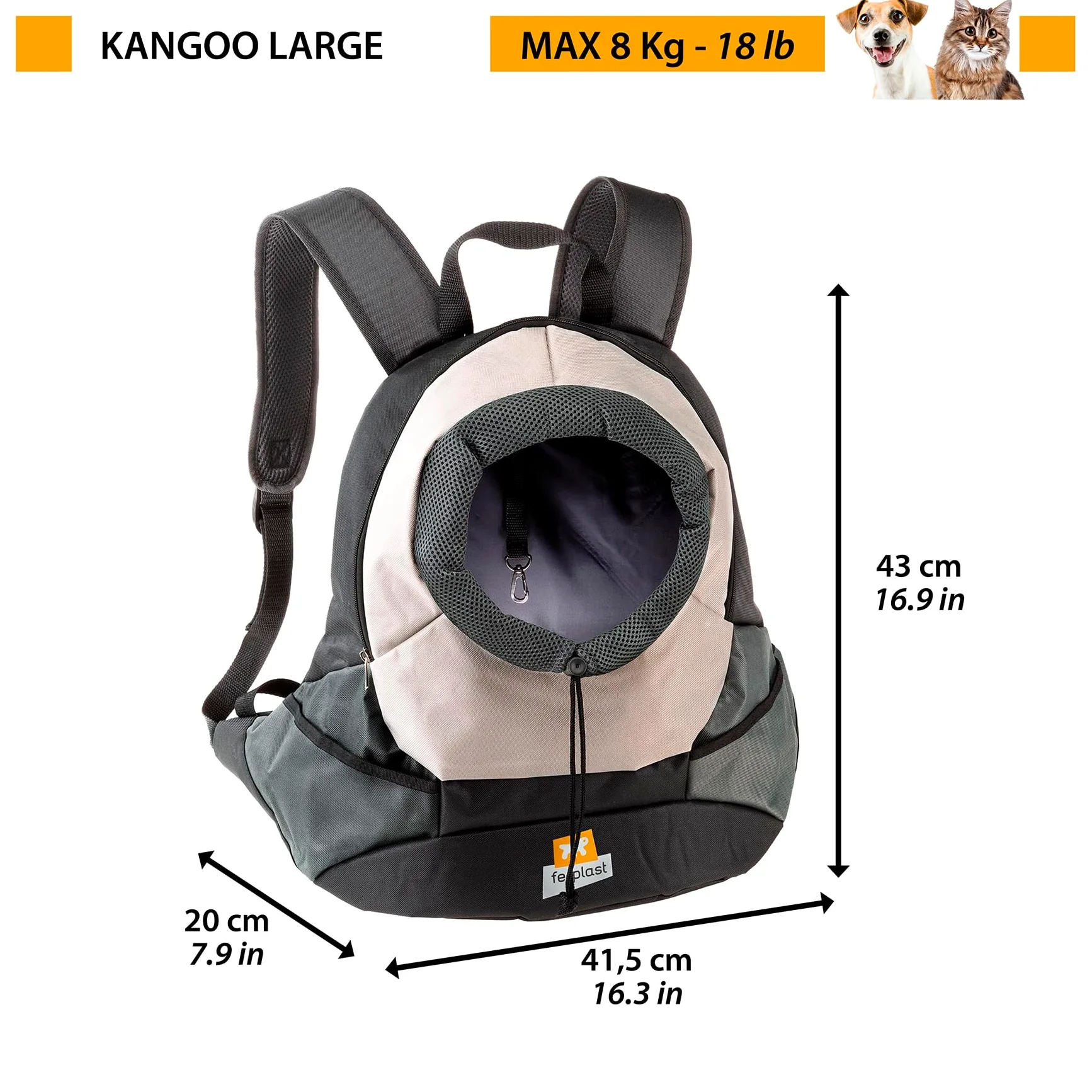 Ferplast Zaino per Cani KANGOO, Trasportino Gatto, Zaino per Gatti, Ampia Apertura, Cinghia di sicurezza, Cinghe Regolabili, Max 8 Kg, 41,5 x 20 x 43H cm, Grigio